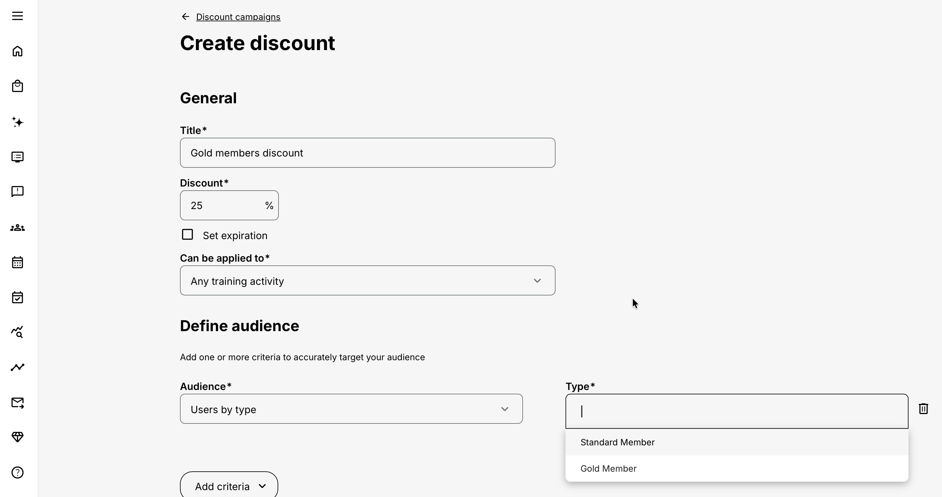 The Create discount form showing a 25% Gold members discount for any Training Activity, with audience criteria based on user type and Gold Member available for selection.