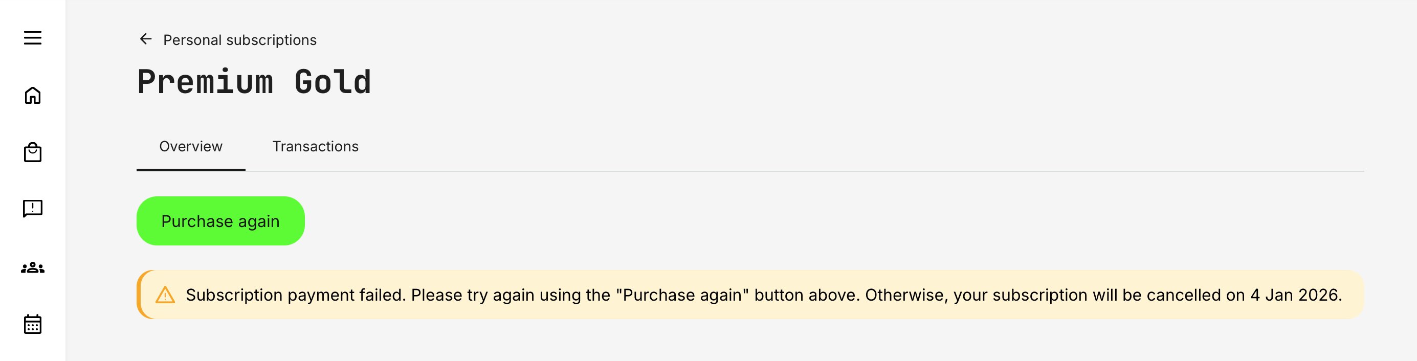 Subscription details view showing the final date to submit payment before cancellation.