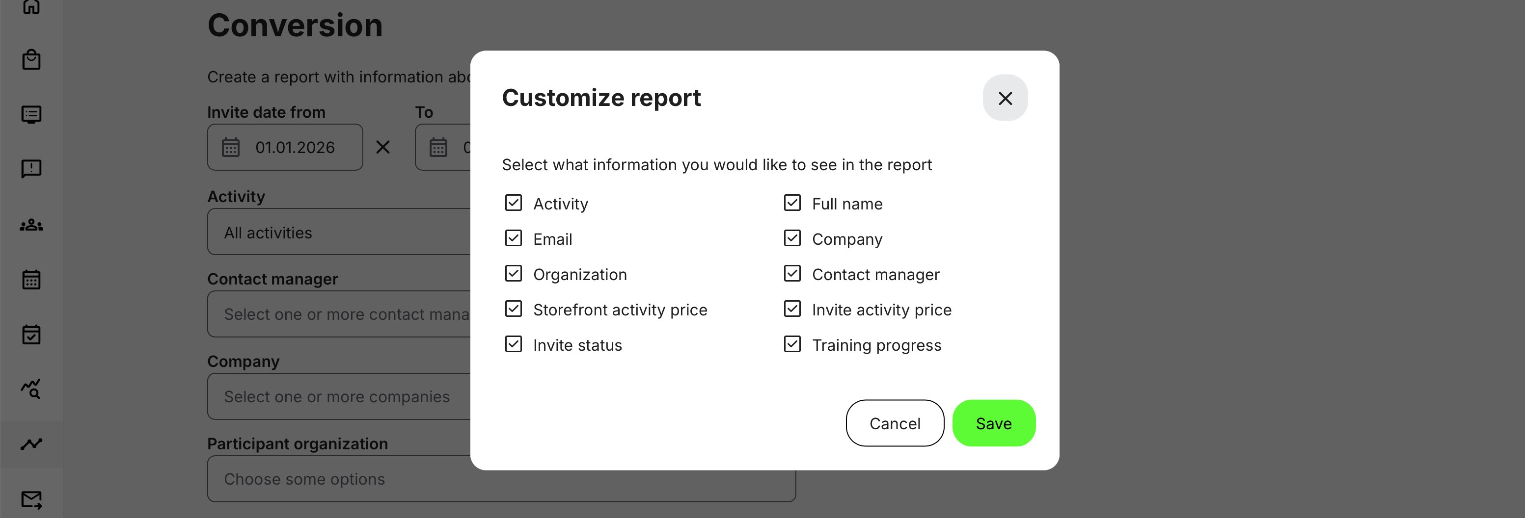 Example illustrating the available options for customizing the Conversion report.