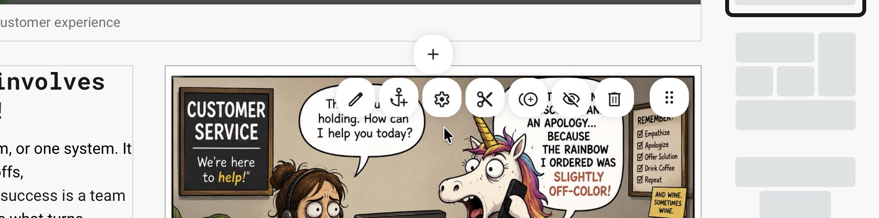 Course page Image object with its object toolbar displayed above the image, including controls for editing, settings, cutting, cloning, hiding, removing, and moving the object.