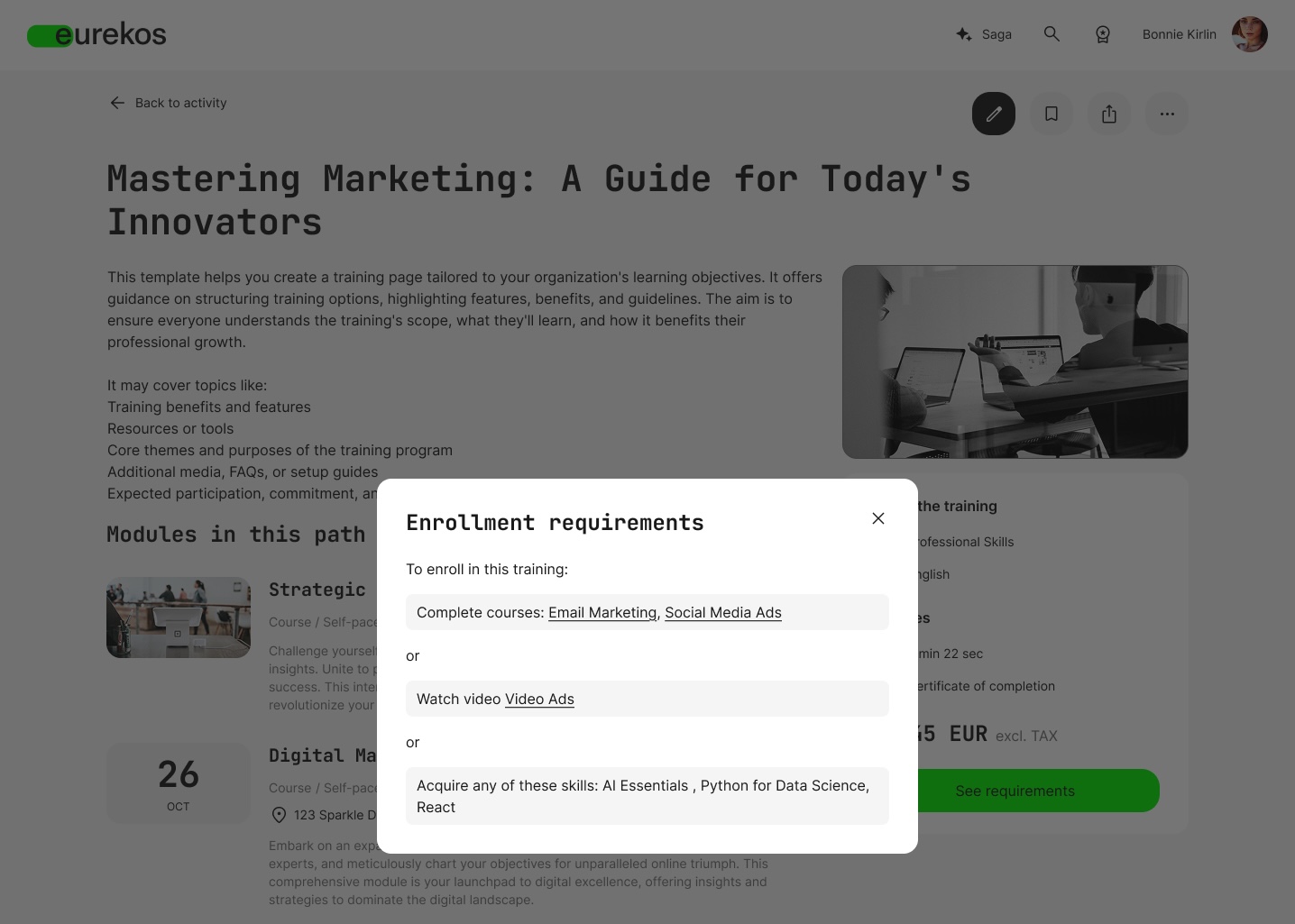 On the storefront activity description page, the enroll button is replaced with See requirements when prerequisites are in place. Required Skills now appear here, with or without level requirements depending on your platform's Skills configuration