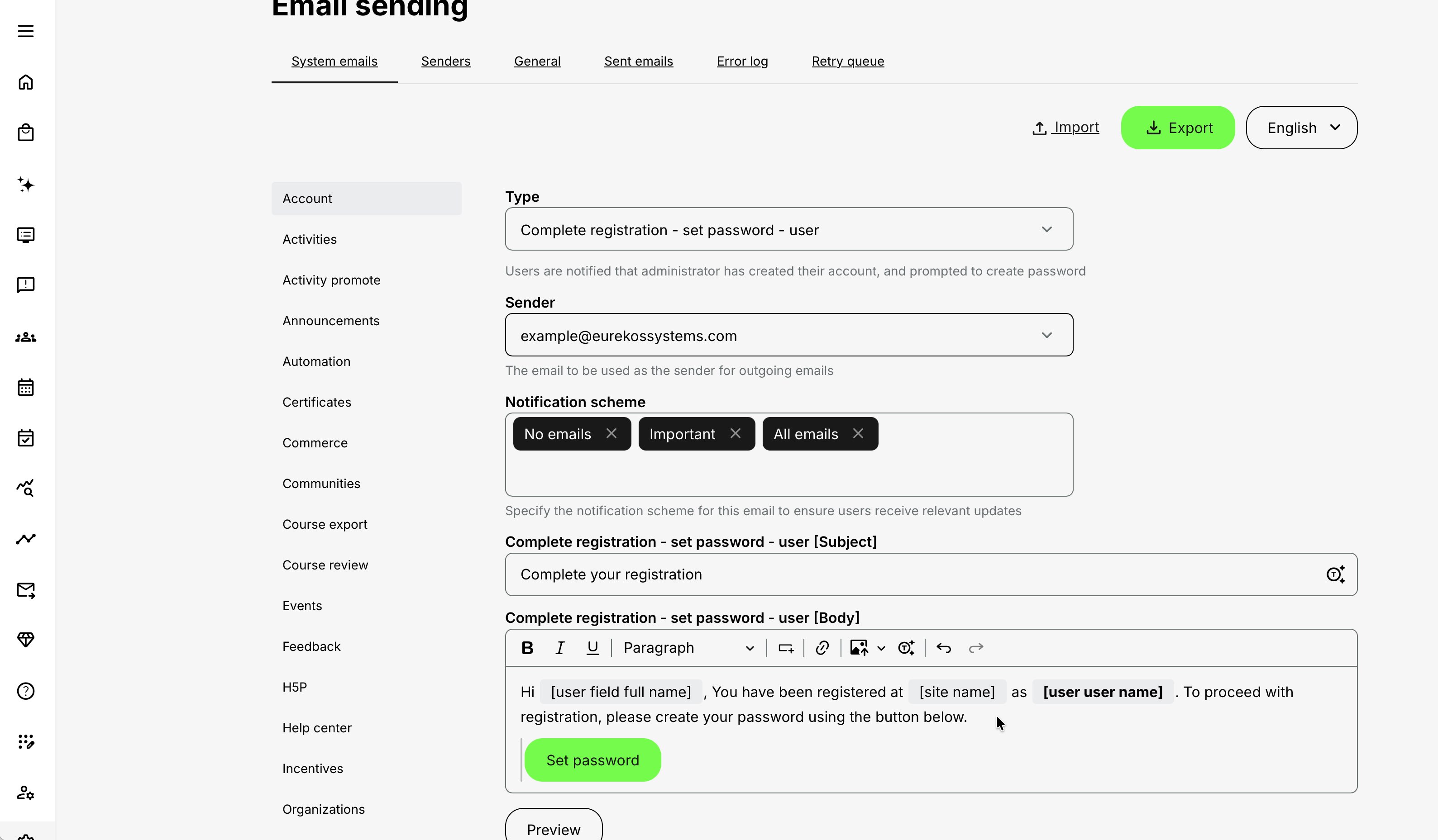 System Email editor showing the selected email type, sender, notification schemes, subject, body, and language.