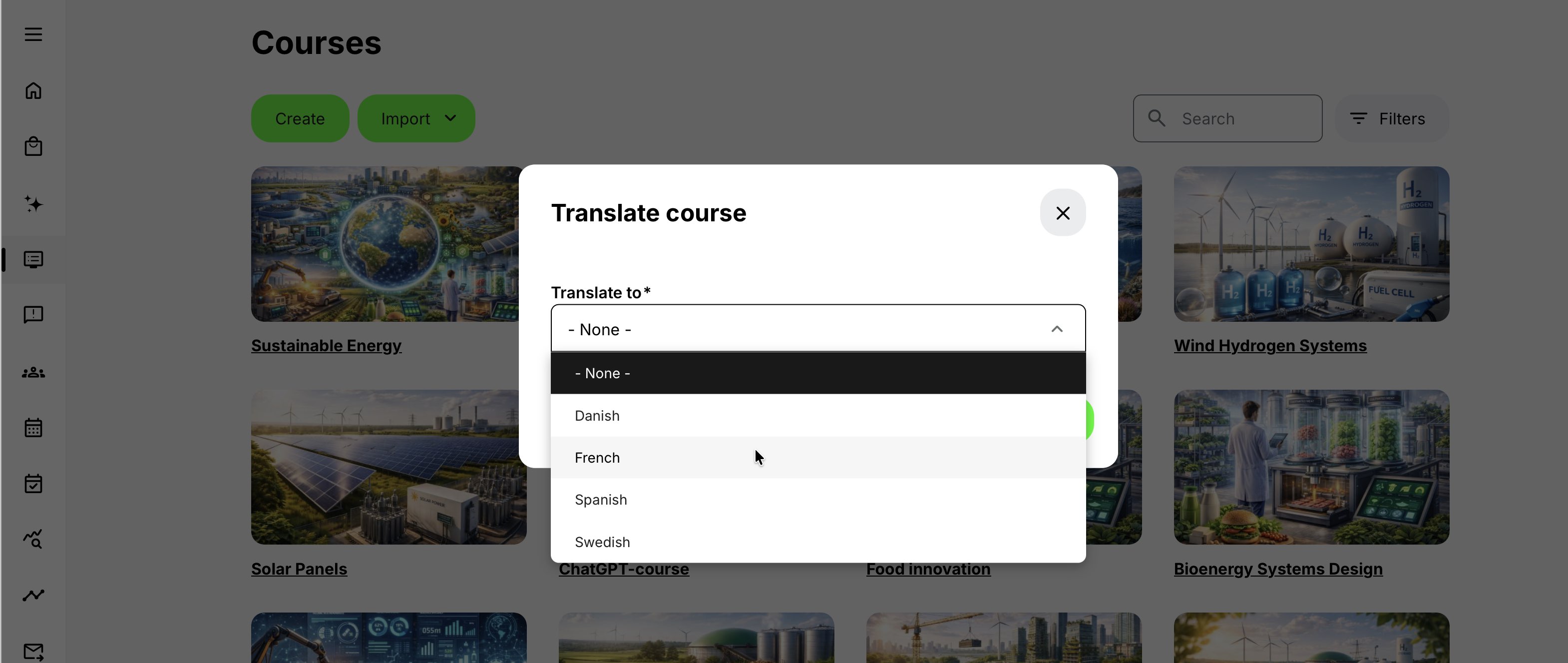 Translate course dialog opened from the Courses list, with the Translate to menu showing Danish, French, Spanish, and Swedish as available target languages.