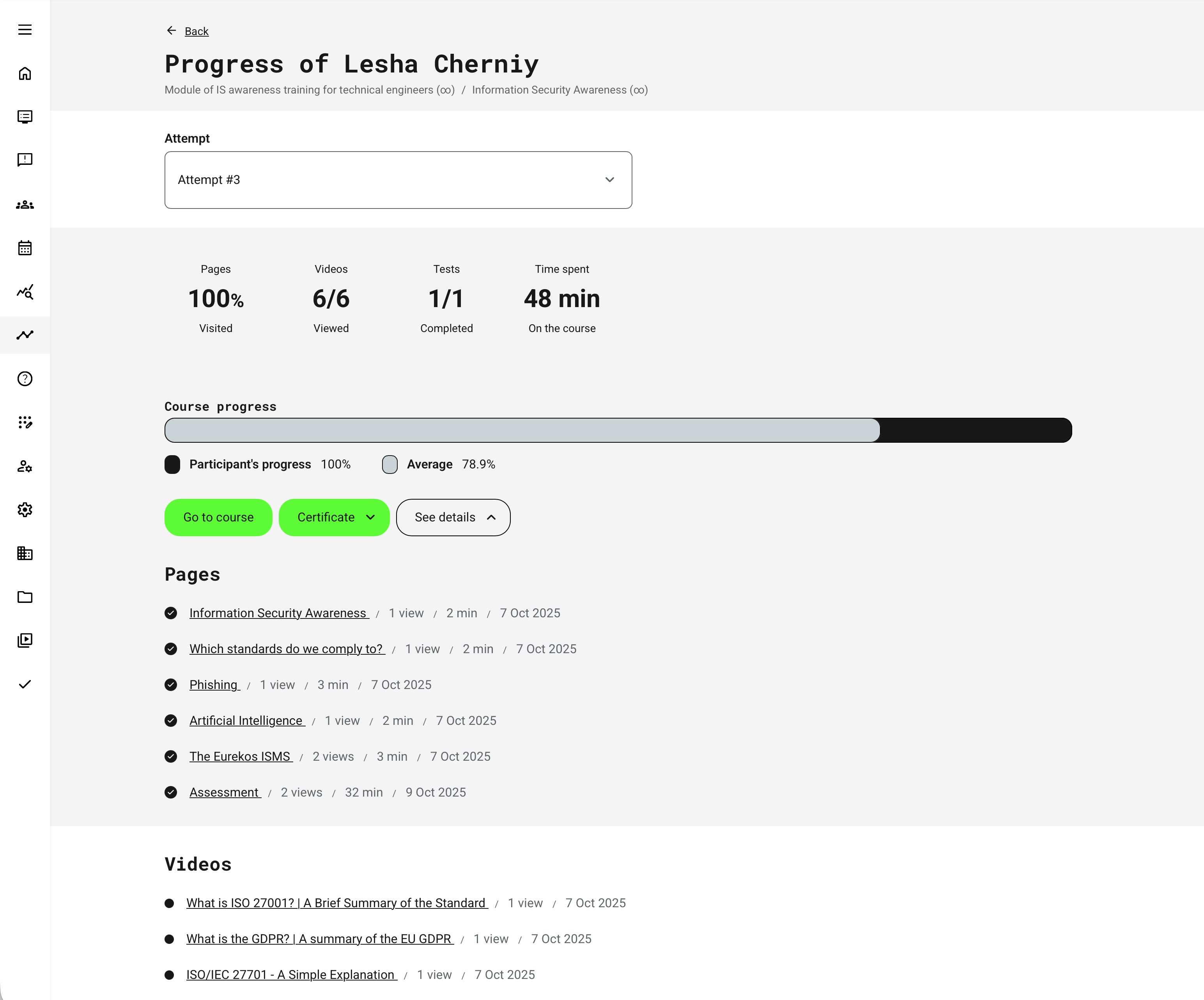 Example showing a natively authored course module in detail view, with options to analyze course-level engagement for an individual participant (re-certification by attempt).