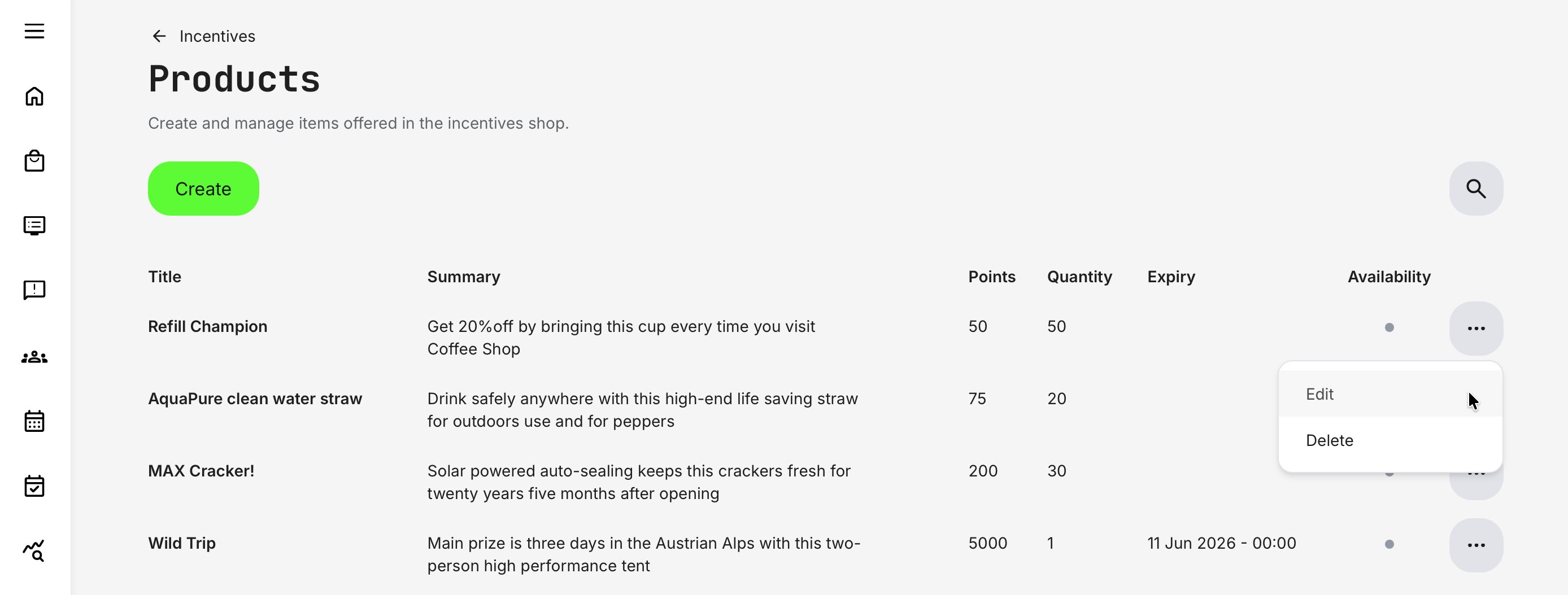 Products are managed directly from the Products overview, where you can create new items or update existing ones. The list view supports search and displays key product details in each row for efficient administration.