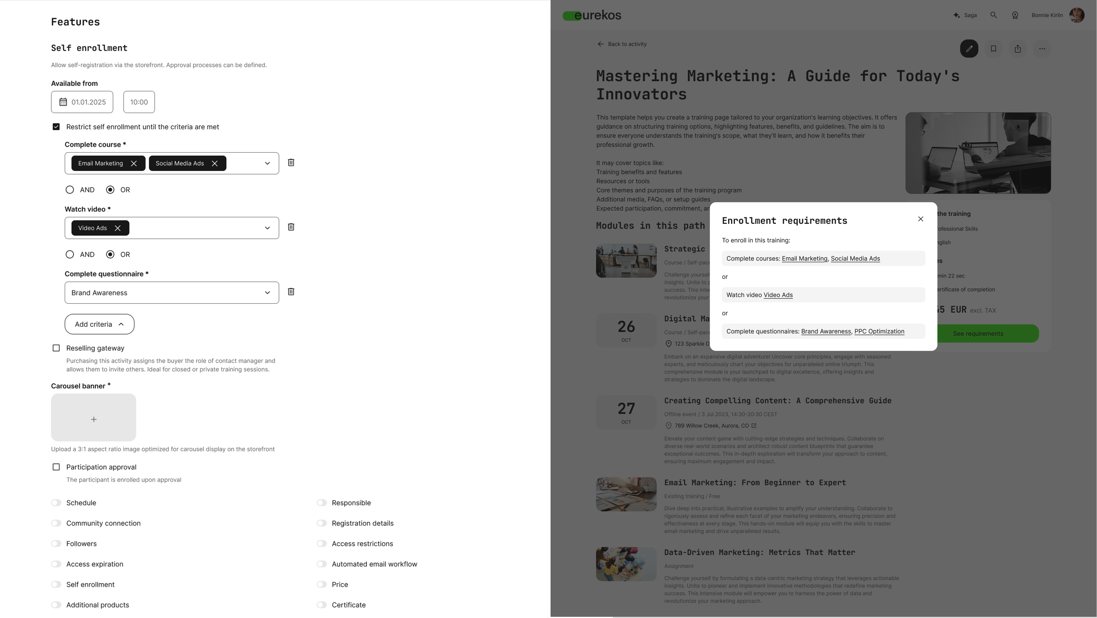 The Enrollment requirements popup on the activity description page, listing the criteria a user must meet before enrolling — including completing a questionnaire.