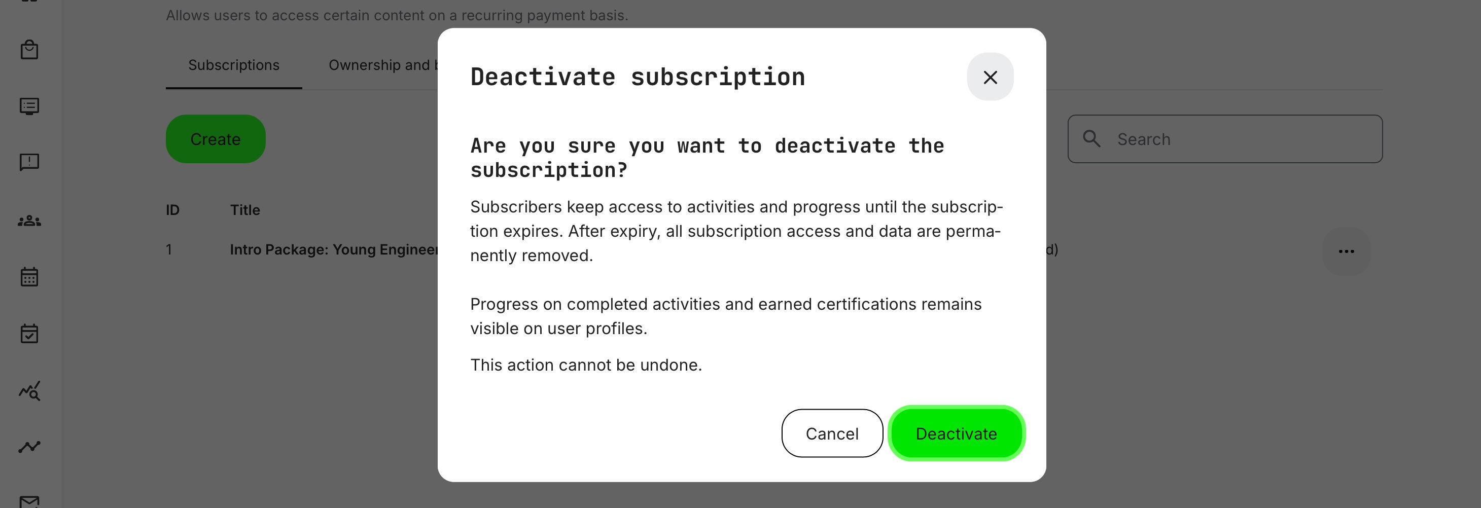 Deactivation and its impact on subscribers.