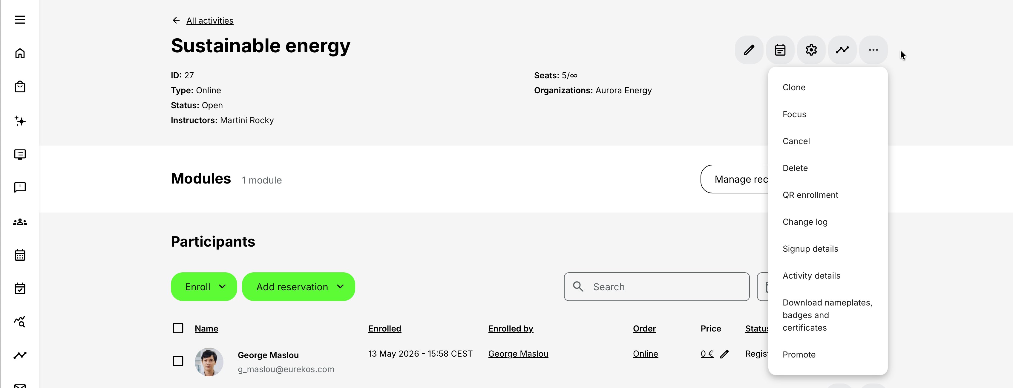Activity page options depend on configurations and permissions.