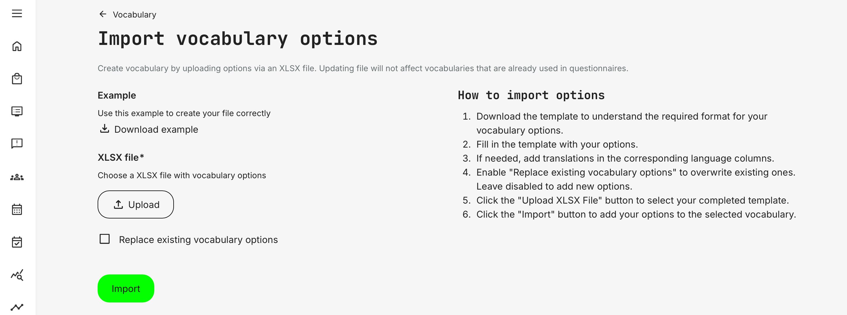 How to import a list of options with multi-lingual options