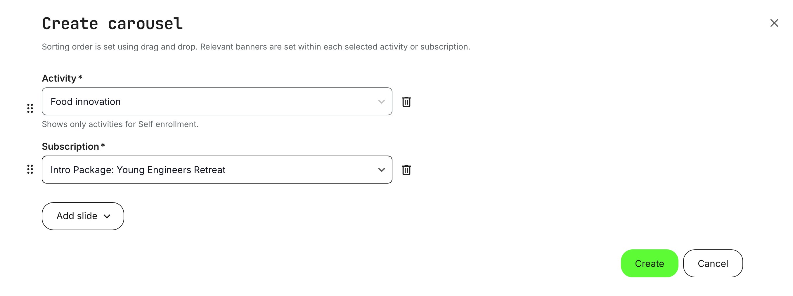 One training activity and one subscription are added as illustrative examples.