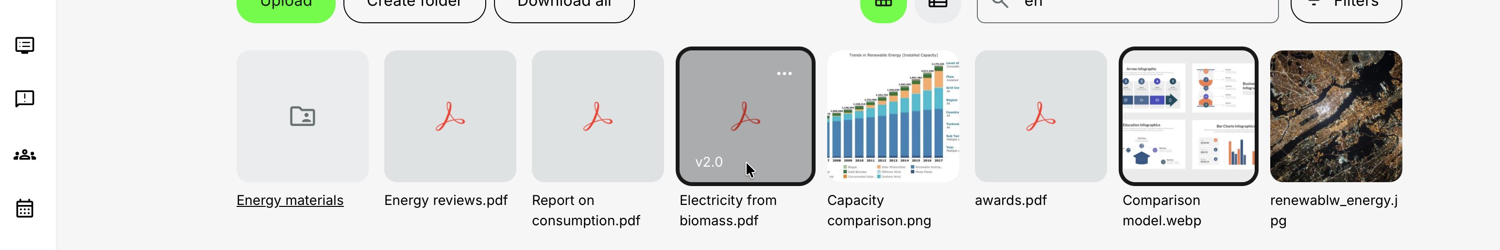 Archive file tile displaying its current version number and additional actions menu