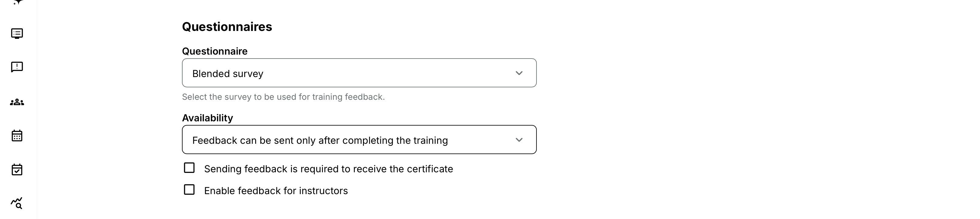 Training Feedback settings showing Blended survey, availability set to Feedback can be sent anytime, and options for certificate-required and instructor feedback.