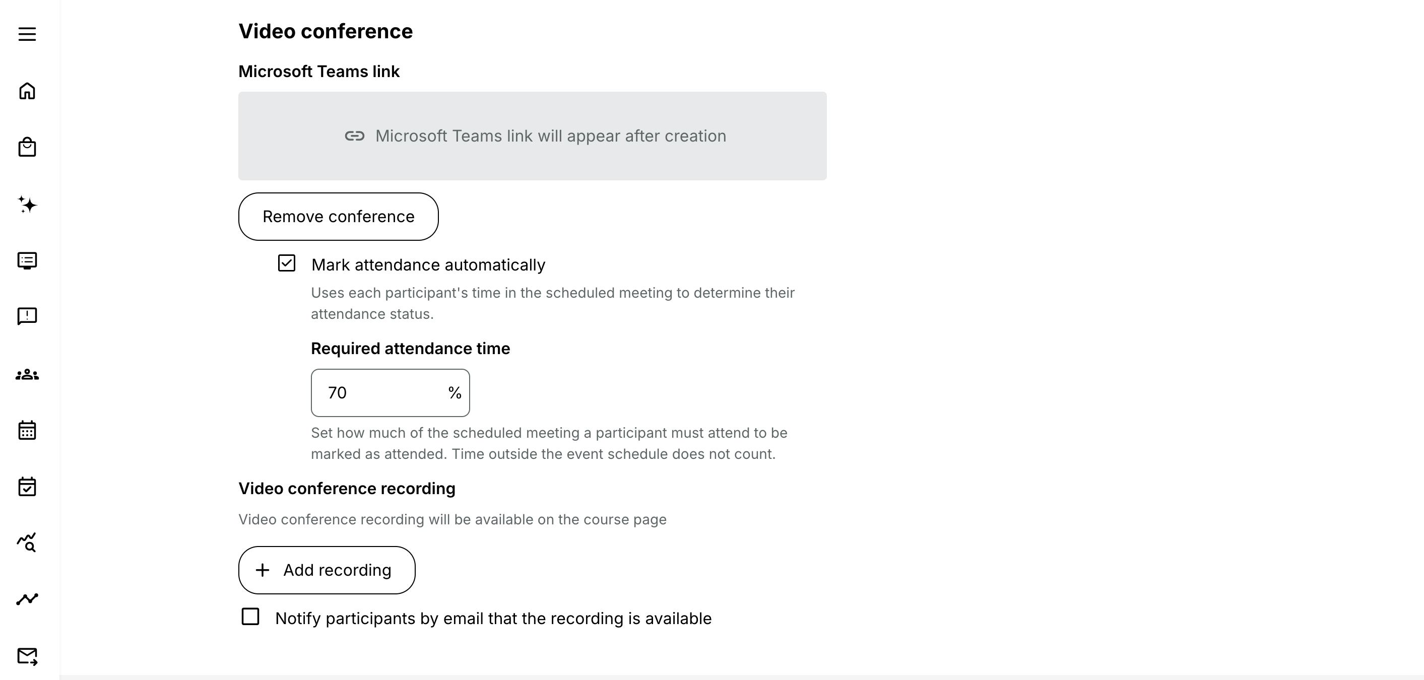 Setting a required attendance percentage on an event lets Eurekos mark participants present automatically once the Teams meeting ends