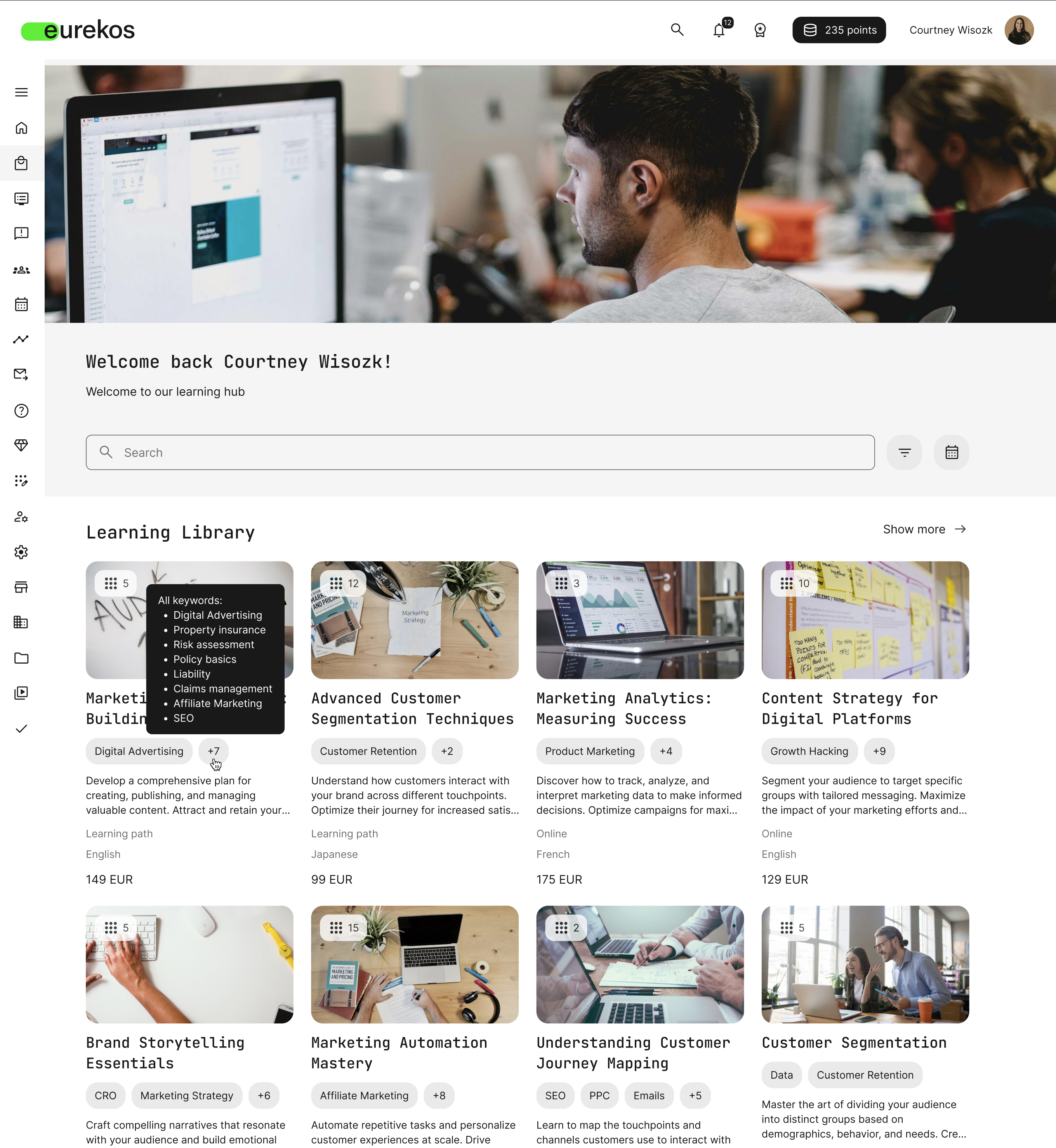 Storefront view when activity keywords are enabled