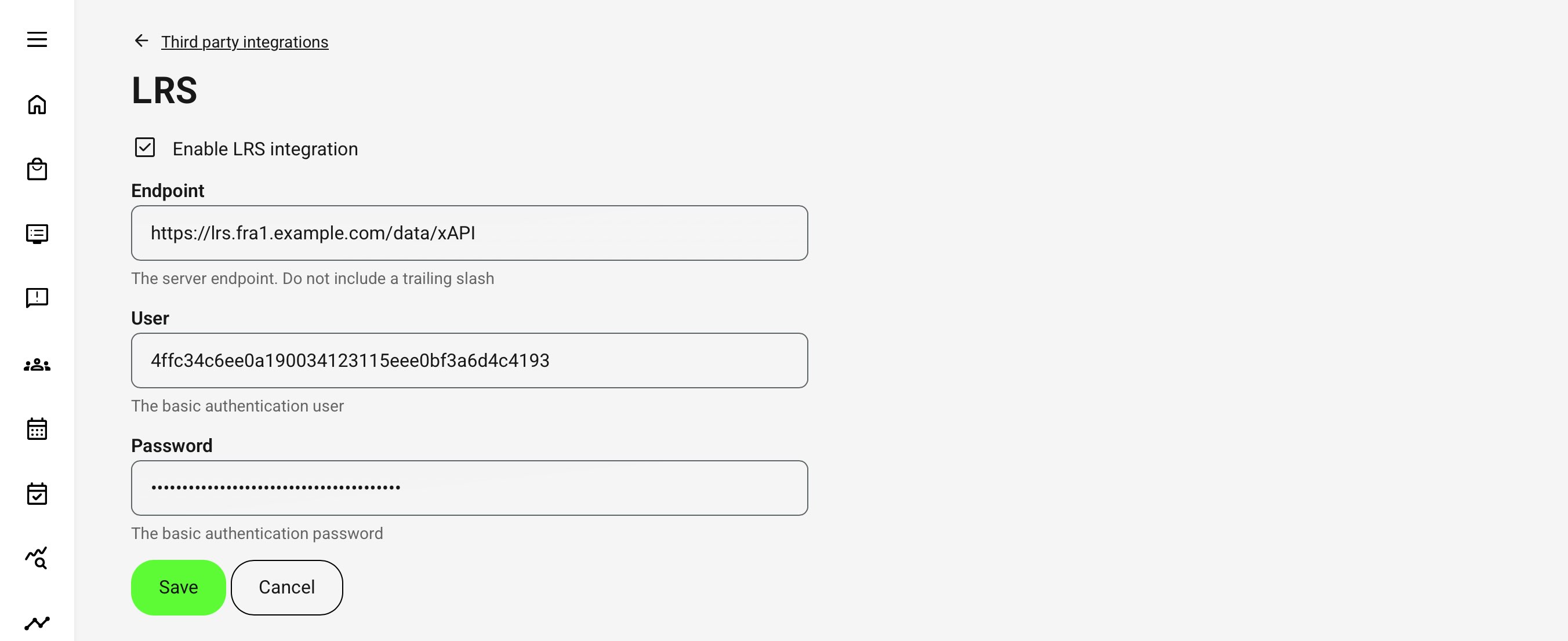 LRS integration configuration in Eurekos, where administrators enable the connection and provide the xAPI endpoint along with authentication credentials for secure data transfer.