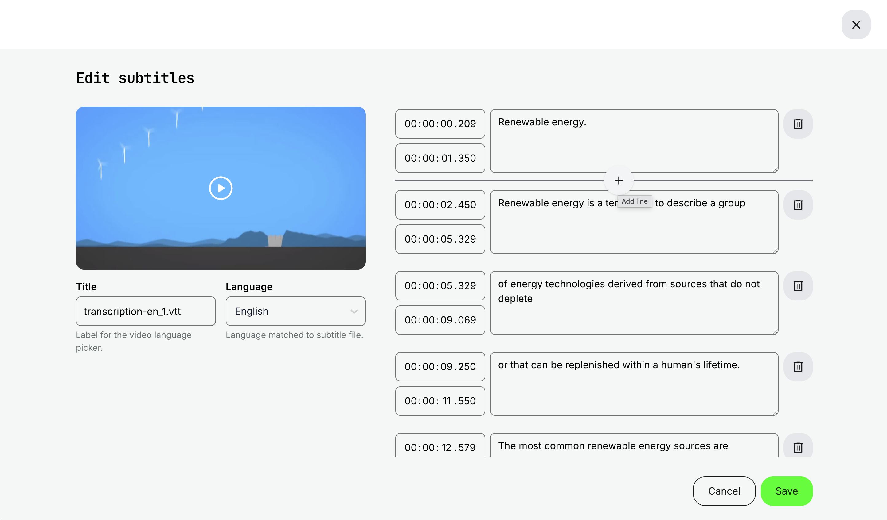 New subtitle editing interface in the video administration