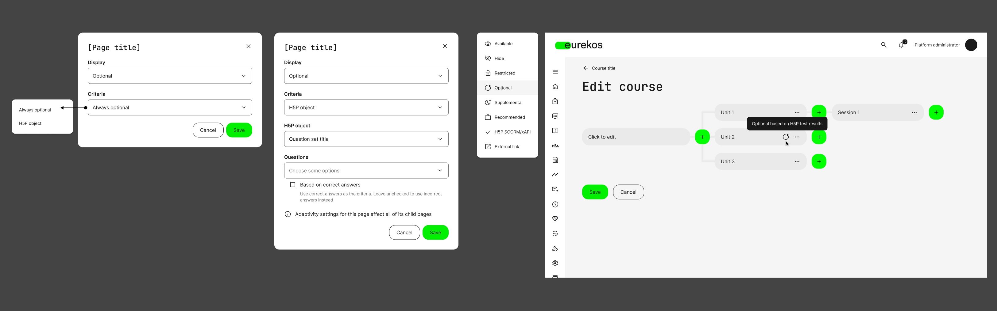 Page level adaptivity with new options to make pages optional, recommended, and supplemental