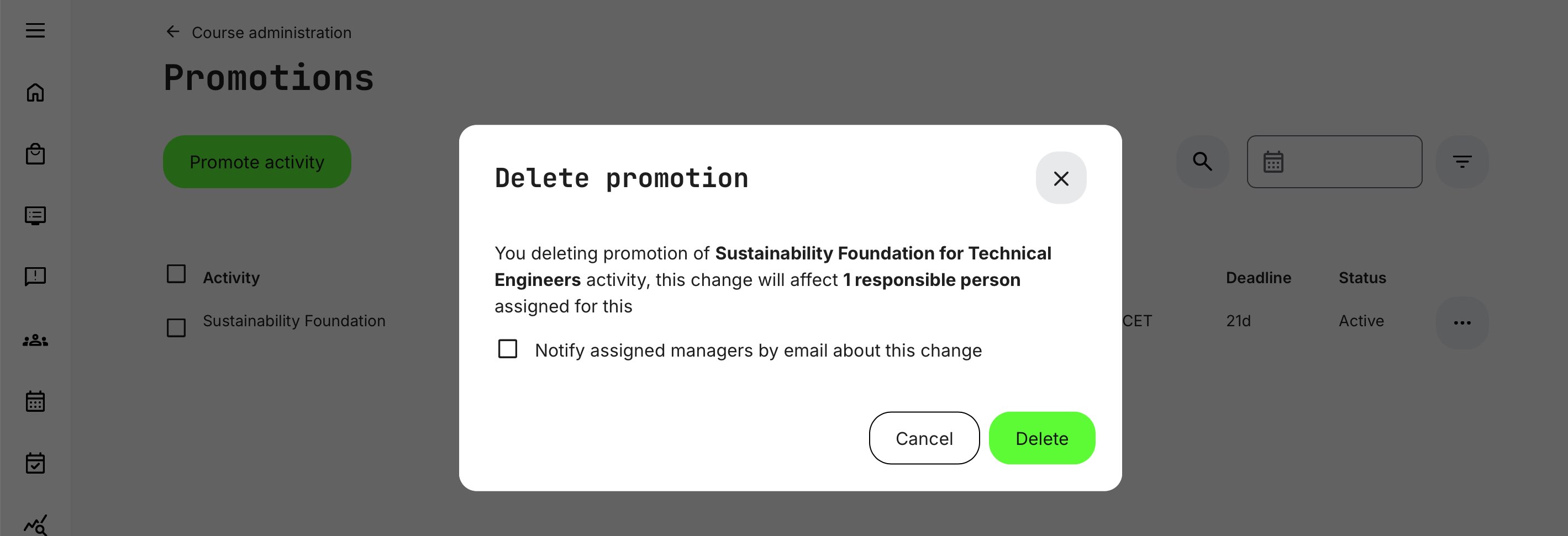 Deletion requires confirmation and highlights the impact on affected Contact Managers.