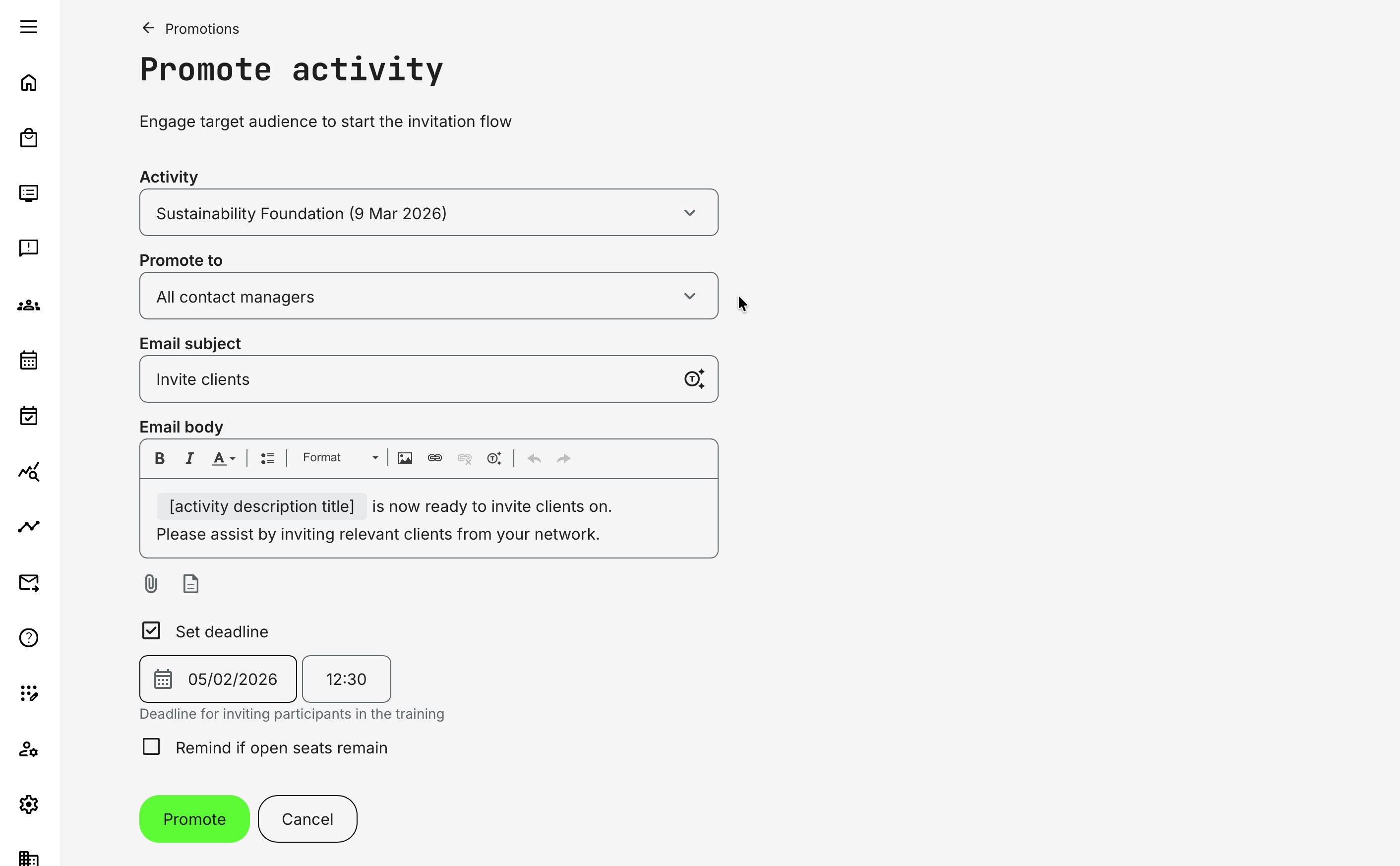 Promote Activity form to engage and activate Contact Managers