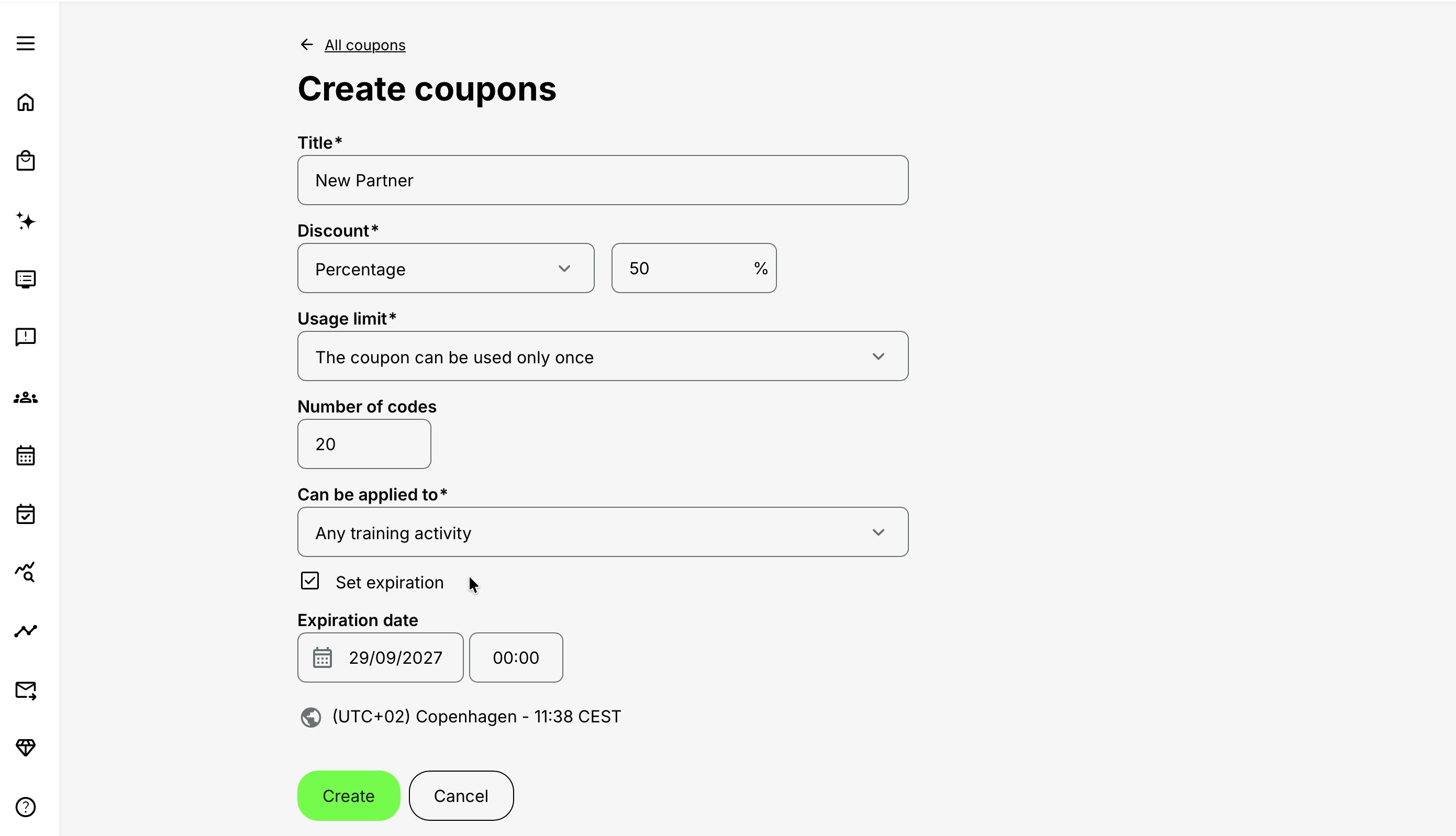 The Create coupons page configured for a 50% New Partner offer, with 20 single-use codes applicable to any Training Activity and an expiration date.