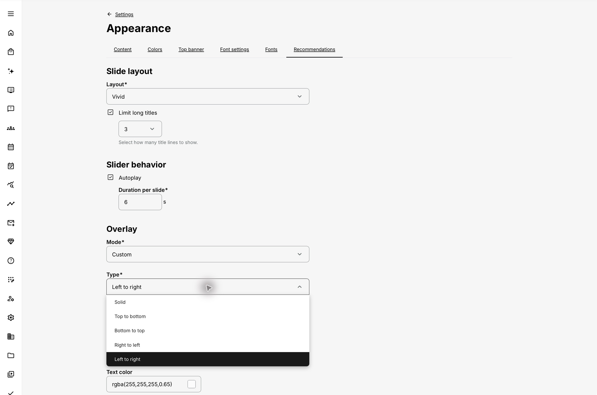 The Custom overlay Type menu lists Solid, Top to bottom, Bottom to top, Right to left and Left to right. The text-color control is visible below the open menu.