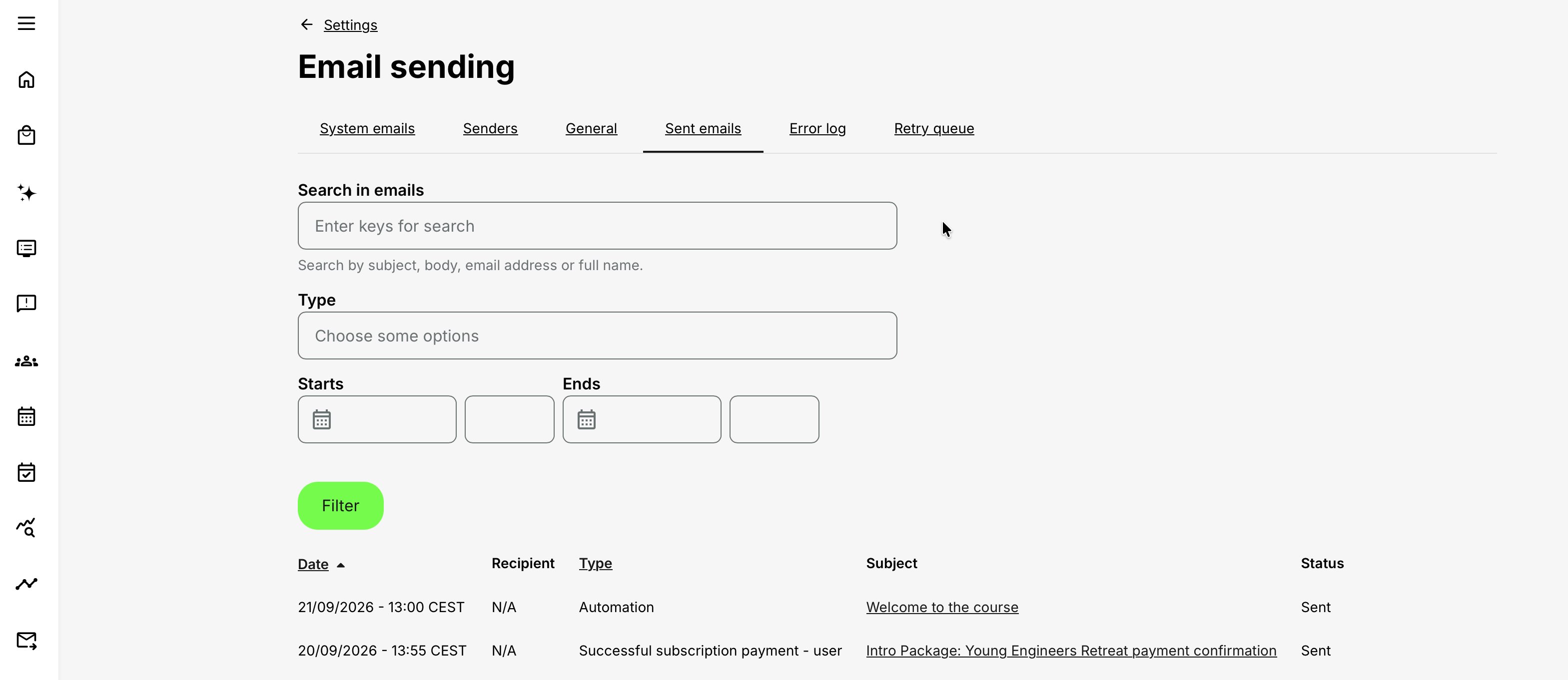 Sent emails table with search and date filters and columns for date, recipient, type, subject, and status.