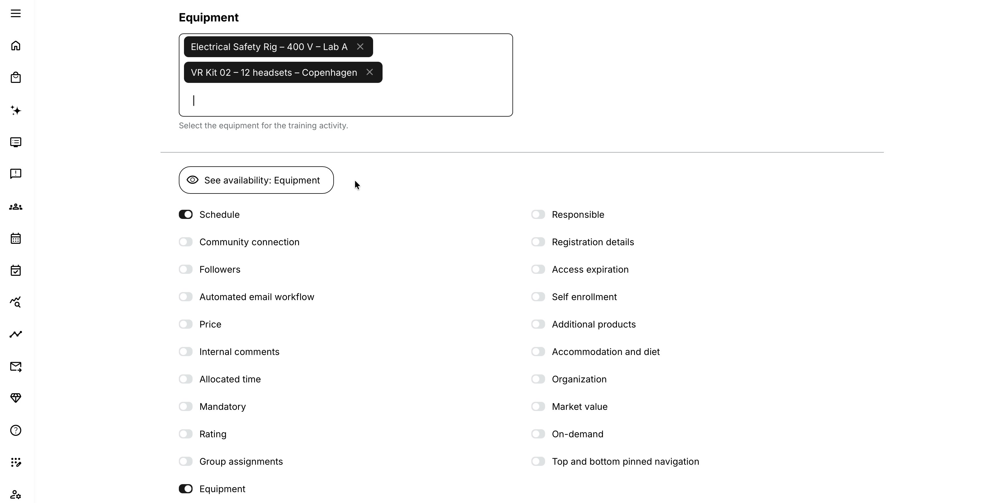Configure Equipment at activity-level to book it across the entire scheduled training.