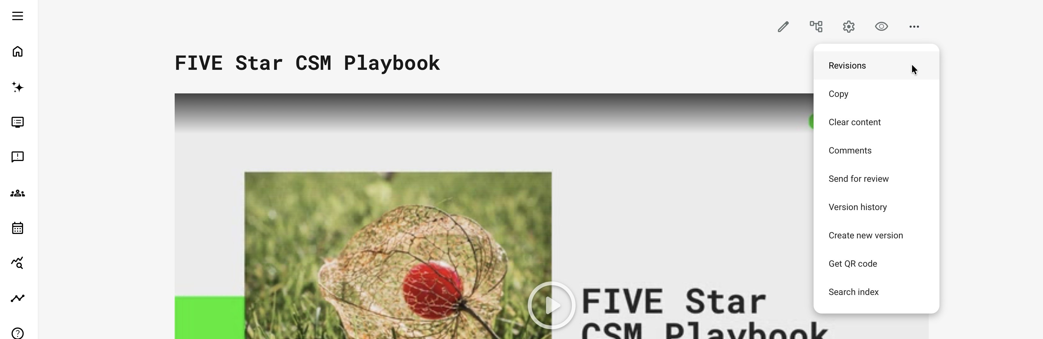 Course page with the More menu open. Revisions appears near the top, while Version history and Create new version appear as separate actions lower in the menu.