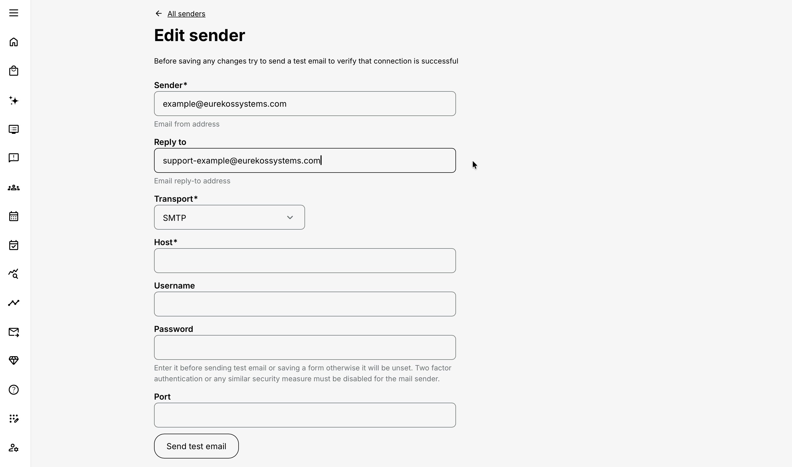 Email sender configuration showing sender address, Reply-to, transport, SMTP fields, and test-email action.
