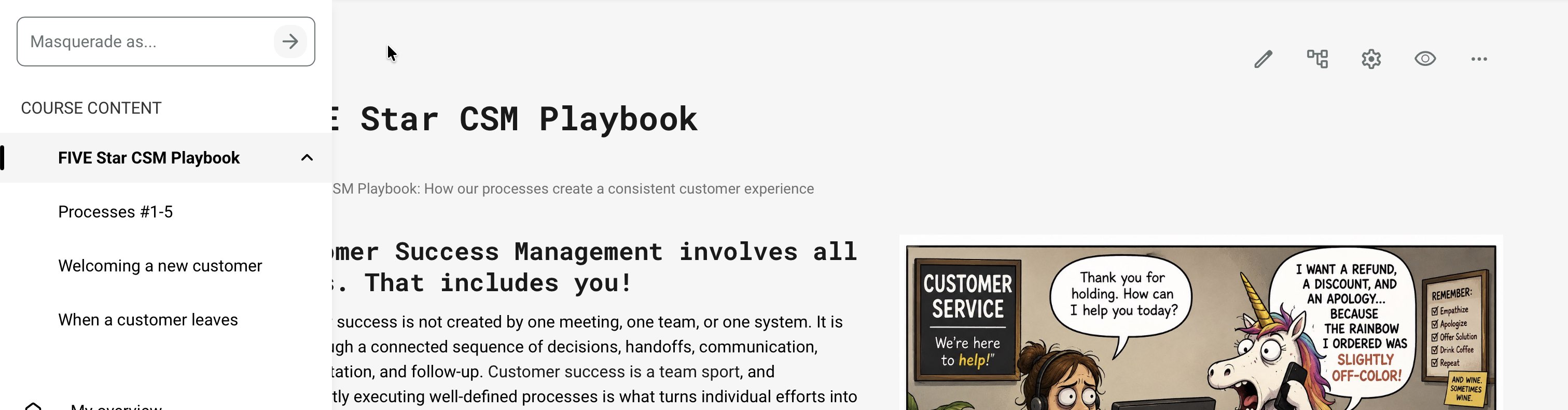 Expanded Course Content section in the left main navigation showing a Course and its pages and subpages, with the selected page displayed beside editing controls, including Edit.