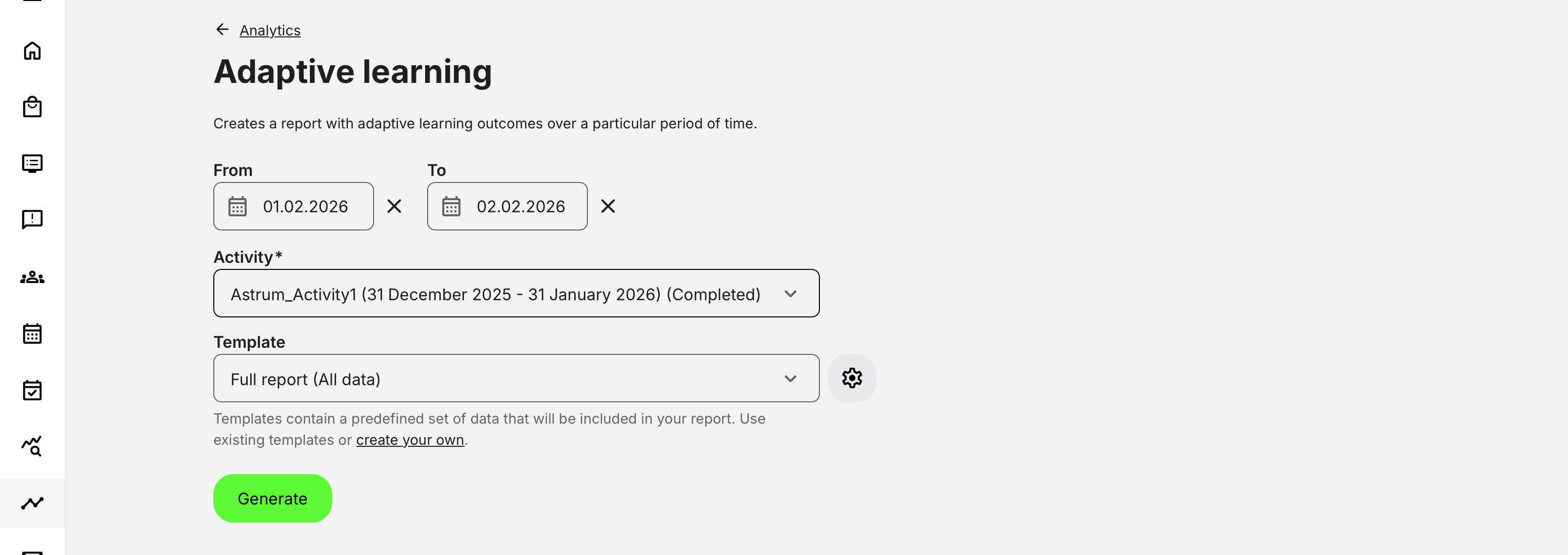 Adaptive Learning report illustrating activity-specific period selection and flexible export via templates or custom configurations.