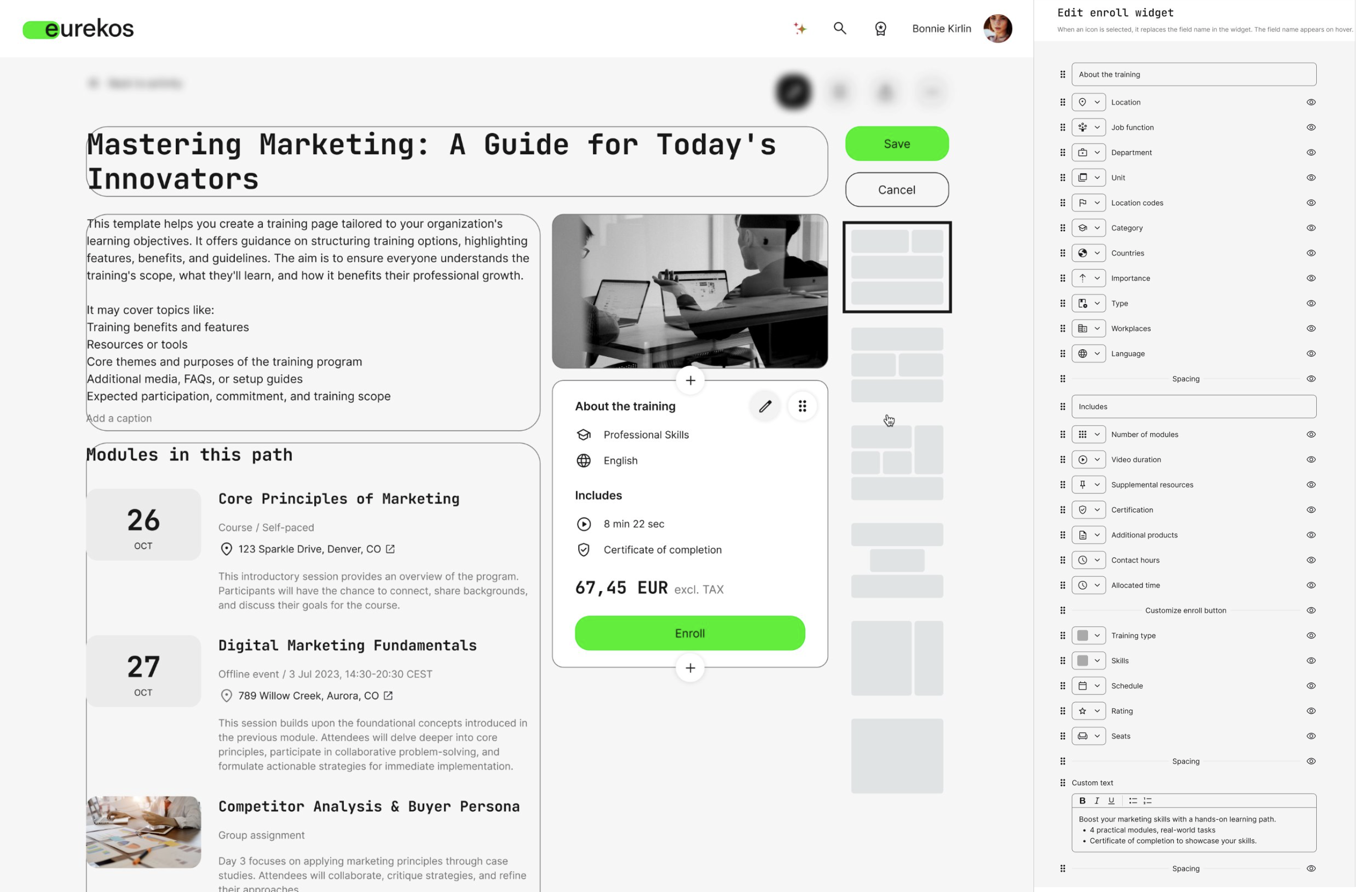 Edit enroll widget on the activity description page to customize and control display of activity metadata