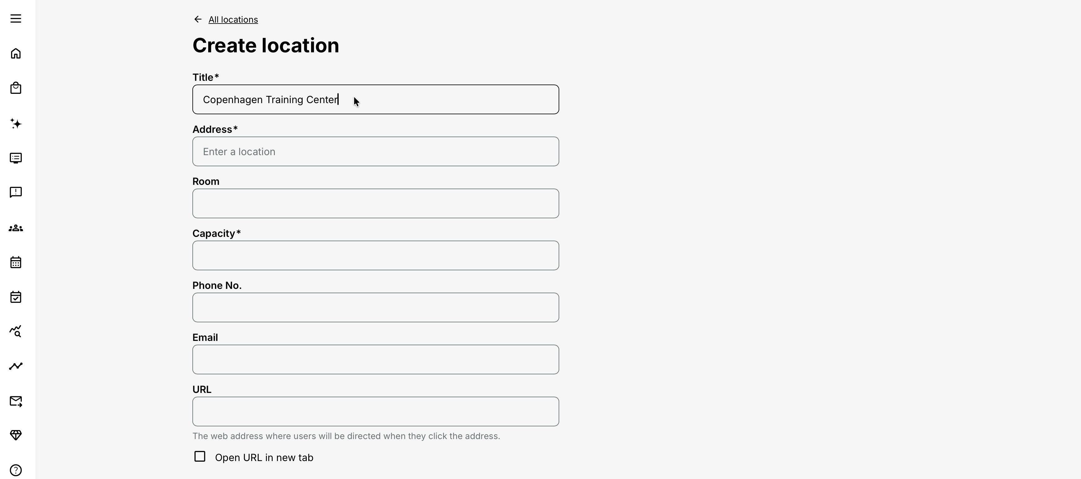Create a location with an appropriate label, address and capacity as a minimum.
