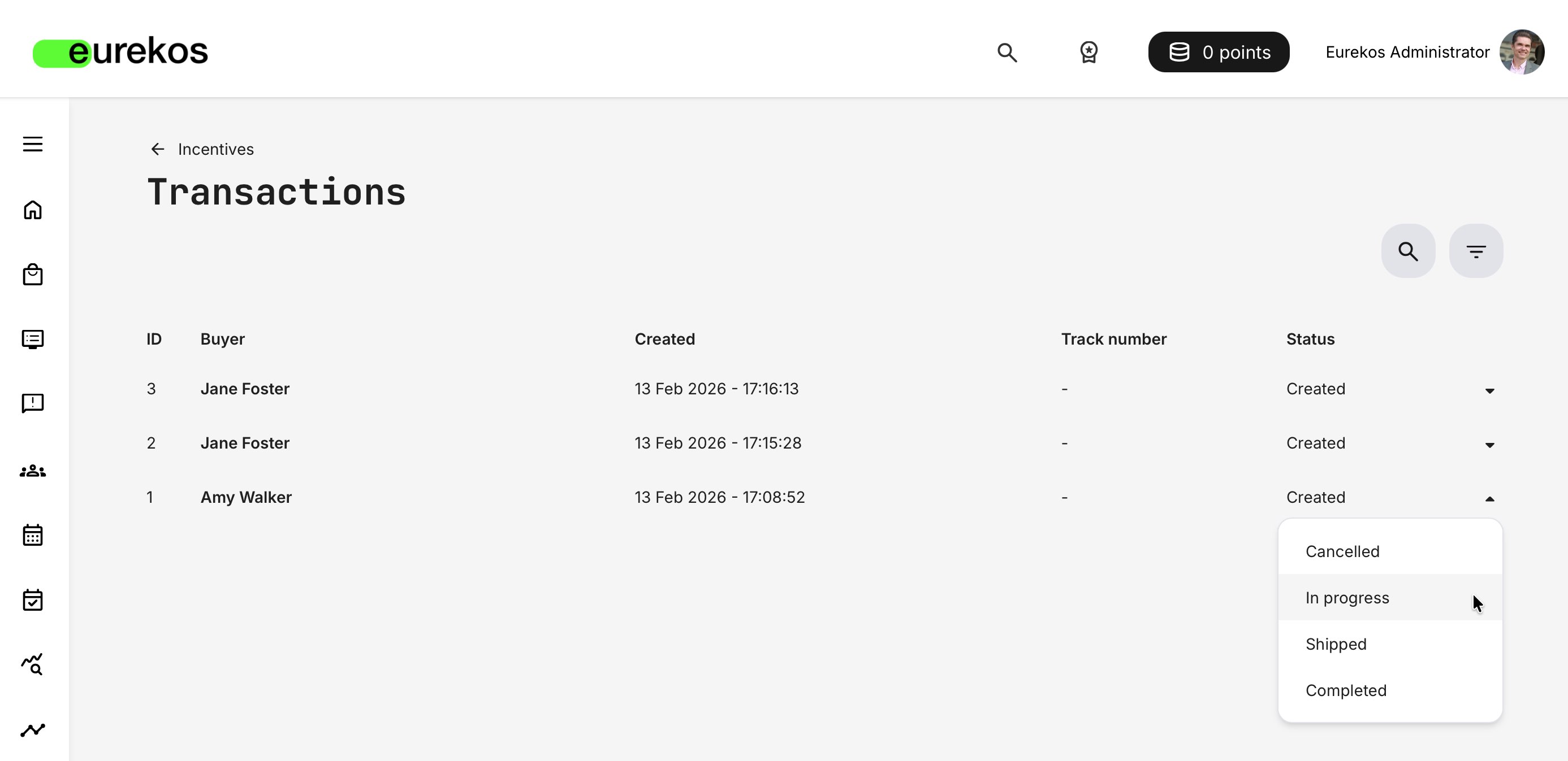 Administrator overview of reward transactions, with searchable records and quick status updates to manage fulfillment efficiently.