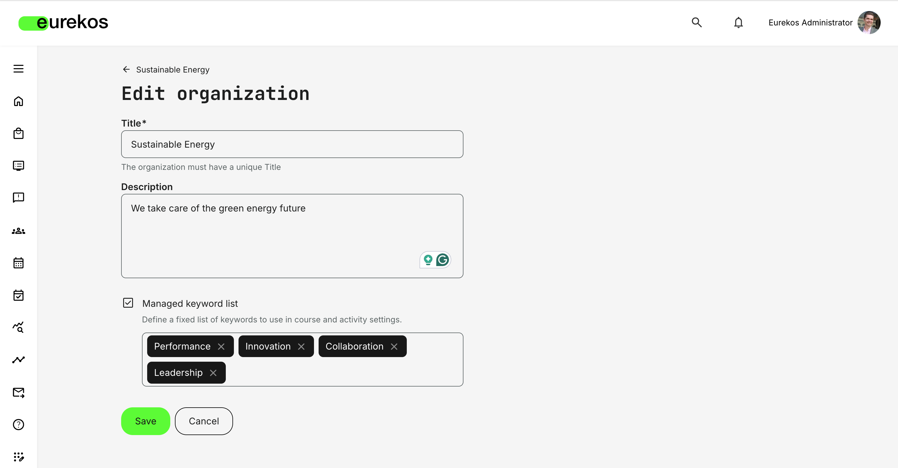 Interface to enable a managed keyword list on an organization and define available keywords