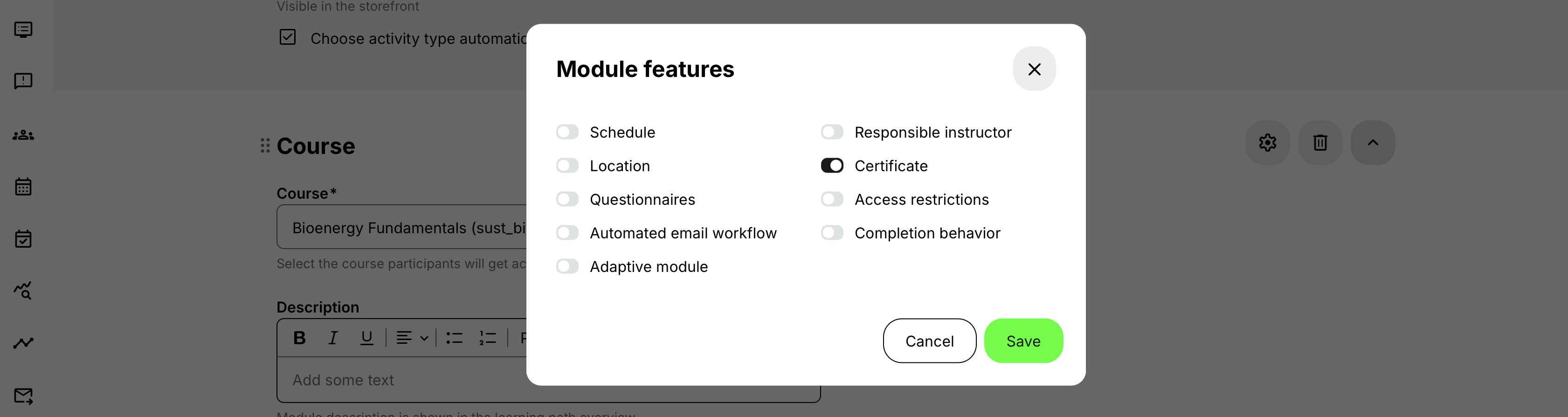 Single Course- or Event-module certificates are configured from the gear icon.