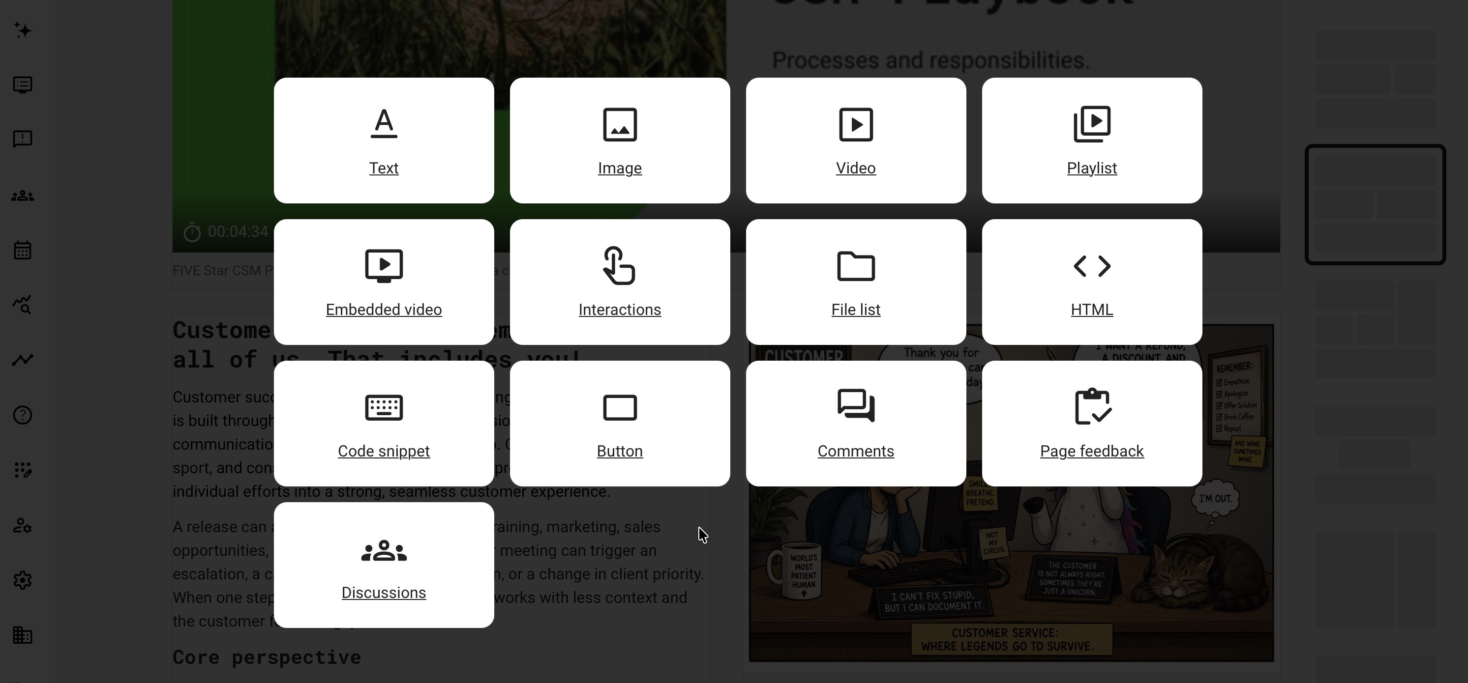 Add menu showing available Course page objects, including Text, Image, Video, Playlist, Embedded video, Interactions, File list, HTML, Code snippet, Button, Comments, Page feedback, and Discussions.
