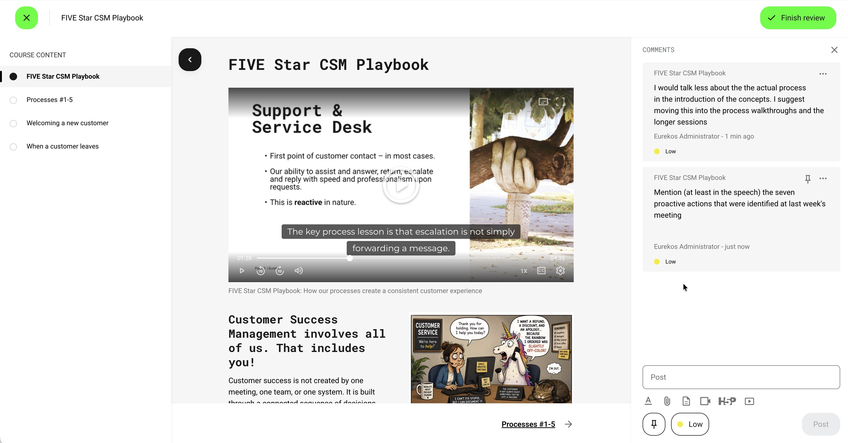 Course review workspace with Course navigation on the left, learning content in the center, two low-severity review comments and comment tools on the right, and Finish review at the top.
