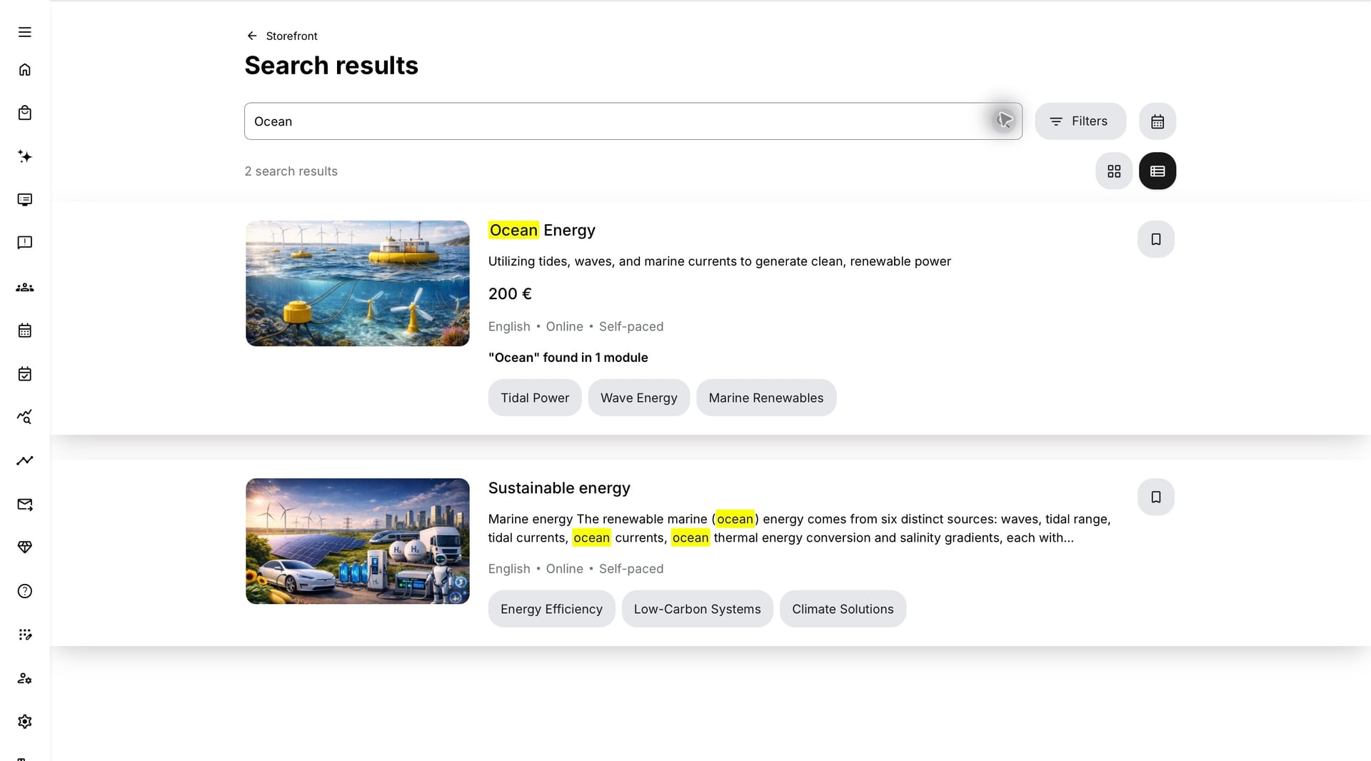 Storefront results show Ocean Energy with a short description, price and tags, followed by Sustainable energy with a highlighted ocean-related passage.