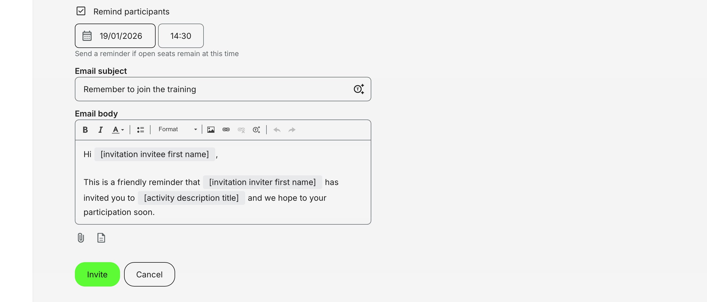 Schedule a follow-up reminder at a chosen date and time to re-engage invitees if seats are still available.