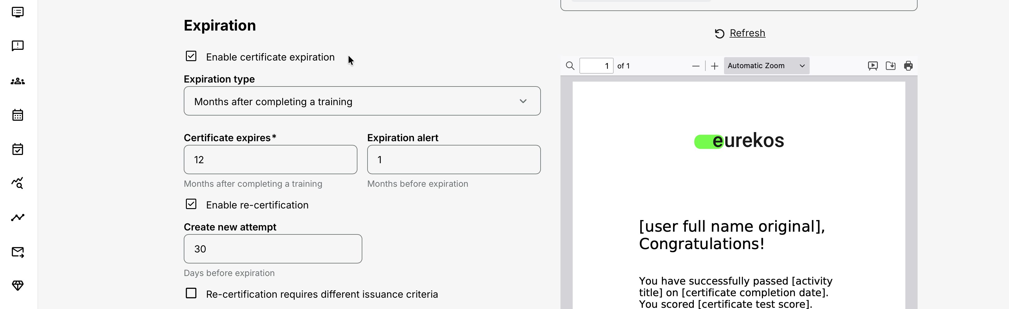 Enable expiration to configure renewal rules.