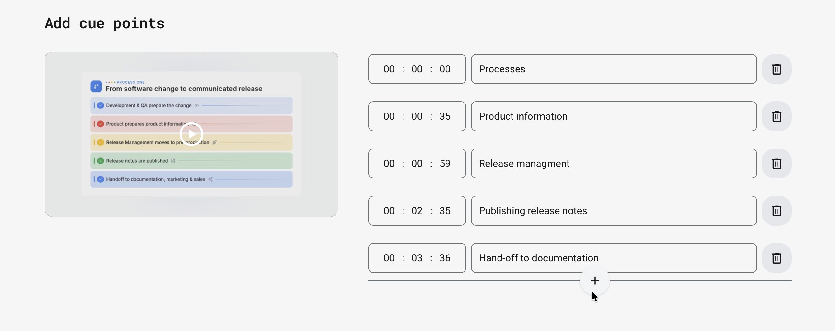 Video editing page with controls to add cue points and slides and an existing English subtitle track with automatic display enabled
