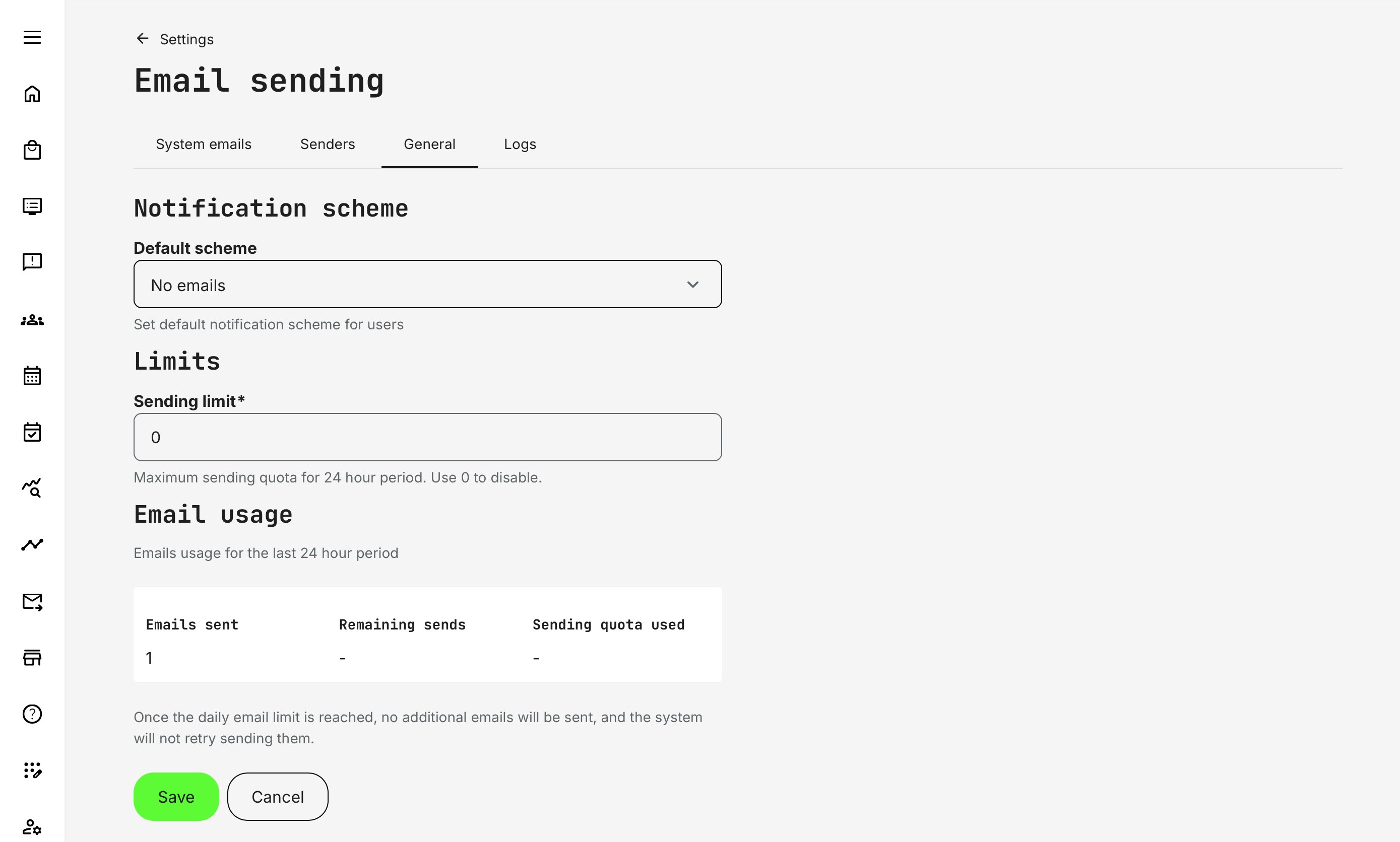 Email sending limits are configured per notification scheme to maintain controlled communication volume, align with provider thresholds, and reduce deliverability or reputation risks.
