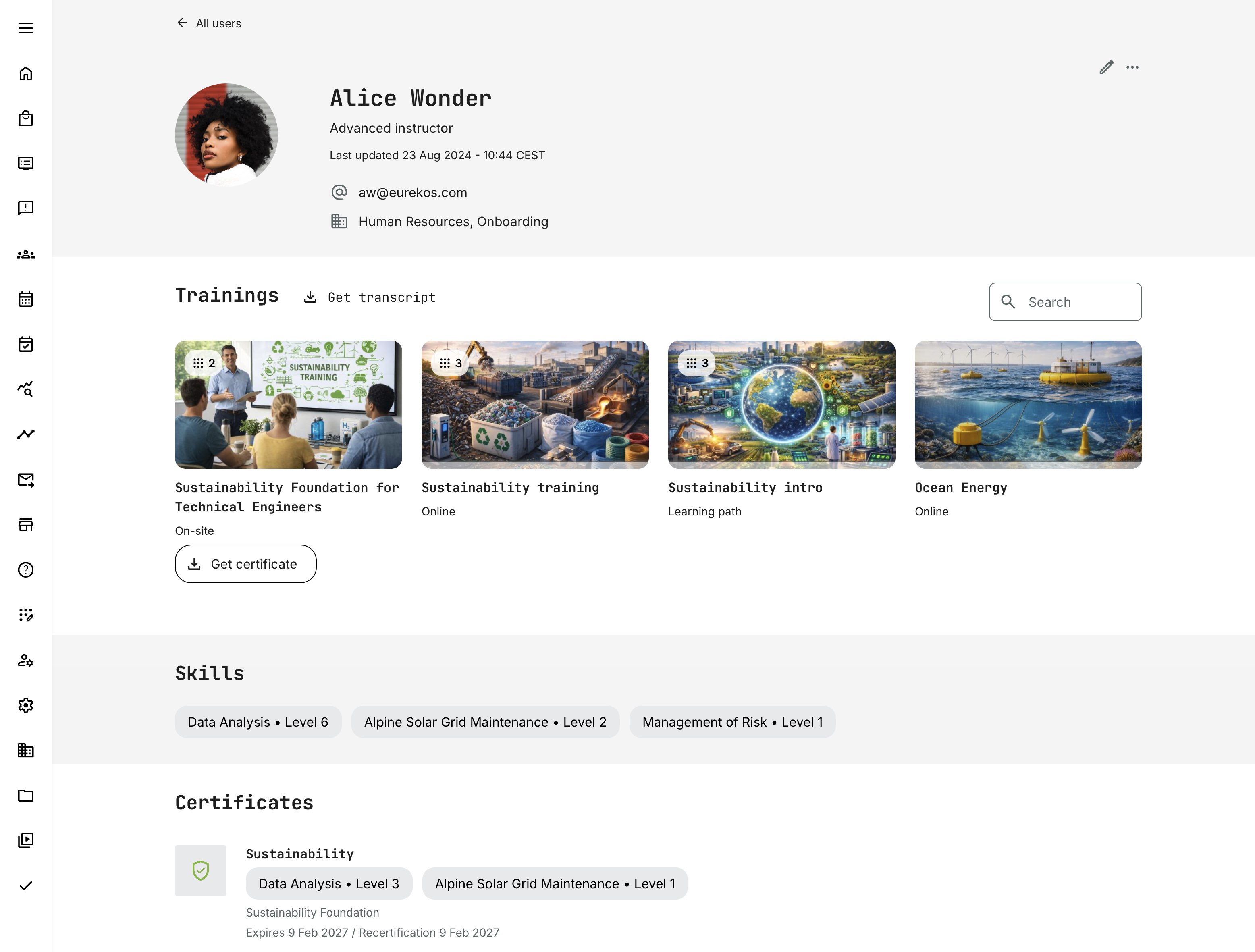Administrator view of a user profile illustrating completed training activities, aggregated skills with levels, and a certificate scheduled to expire.