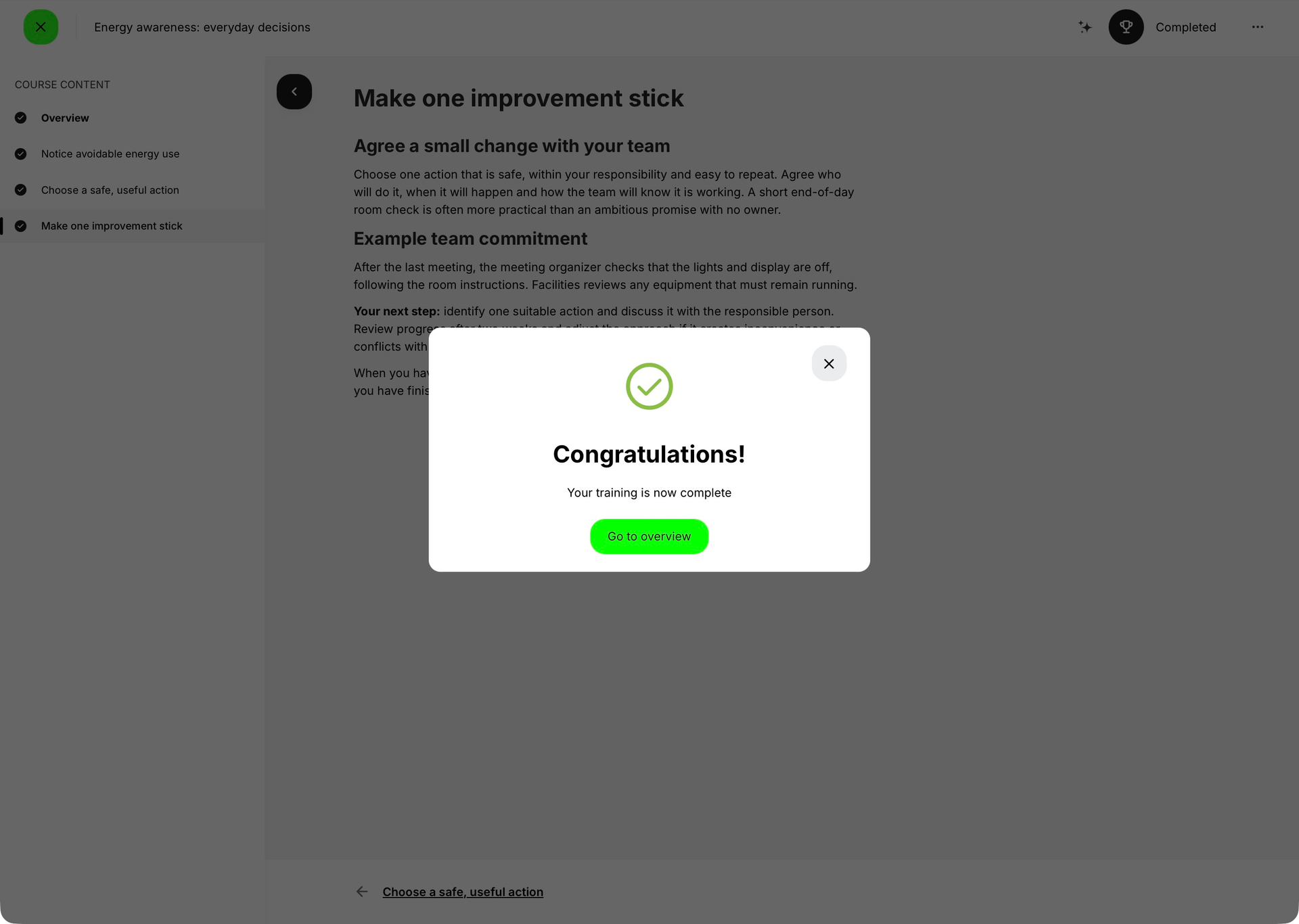 A completed energy-awareness Course with a Congratulations dialog stating Your training is now complete and offering Go to overview.