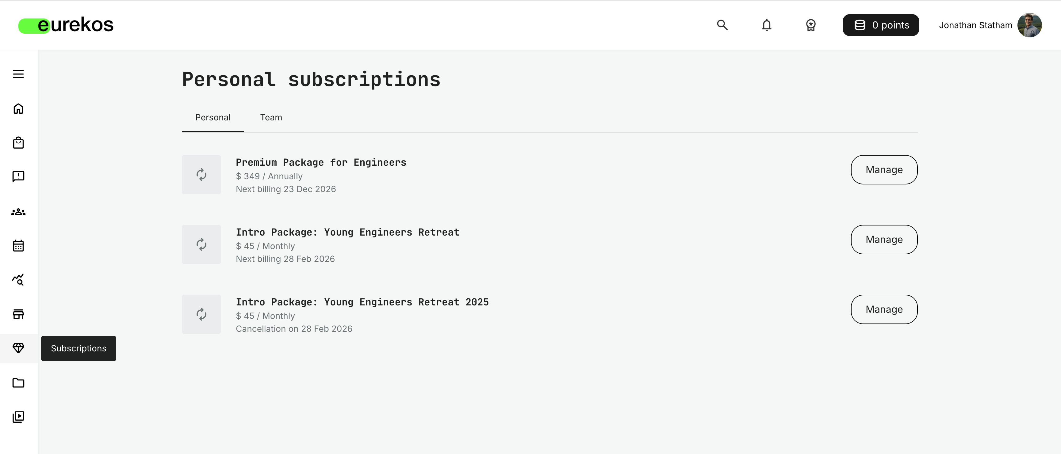 Centralized Subscription Management accessed from the main menu