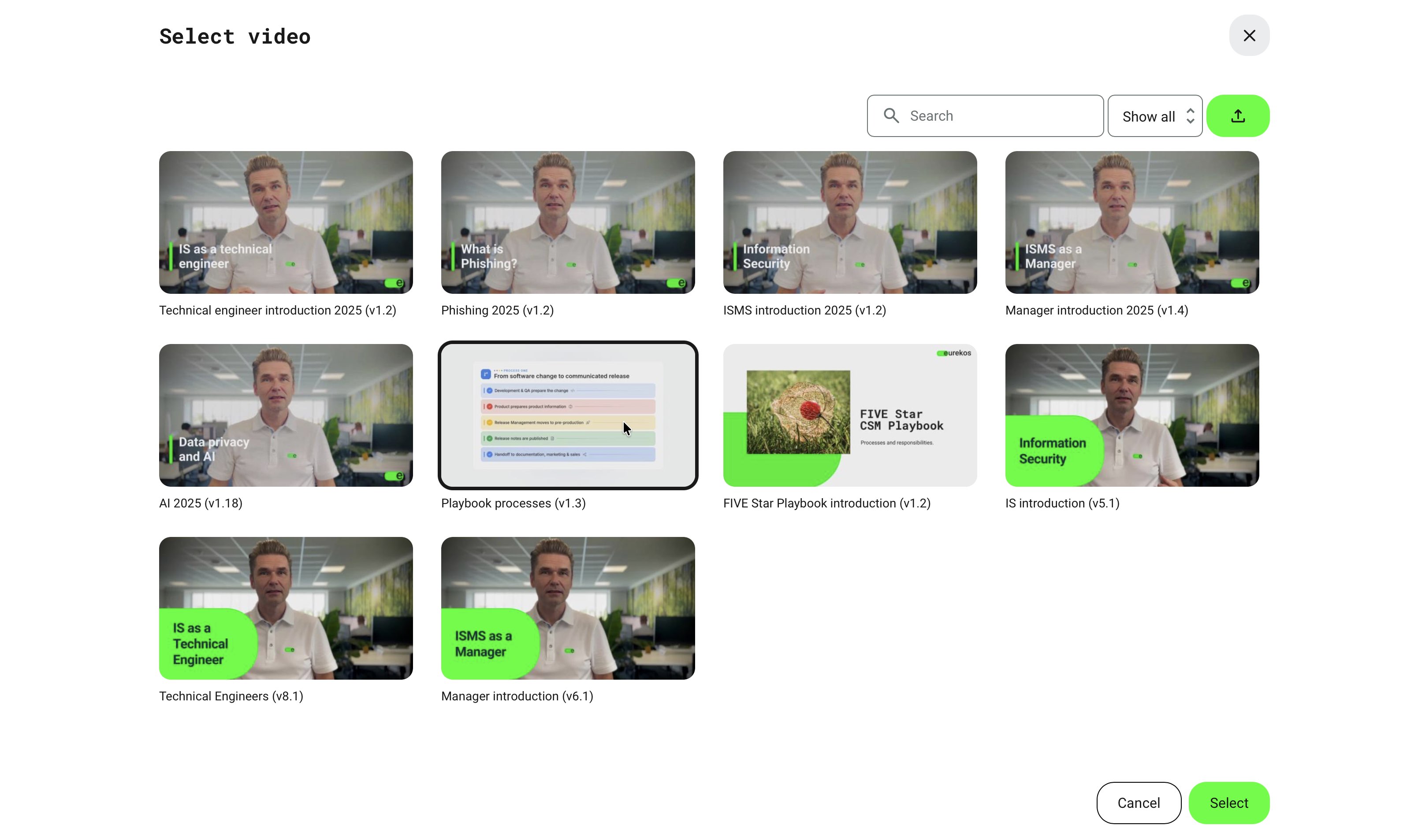 Select video dialog with search, filter and upload controls and video and playlist cards labelled with titles and versions