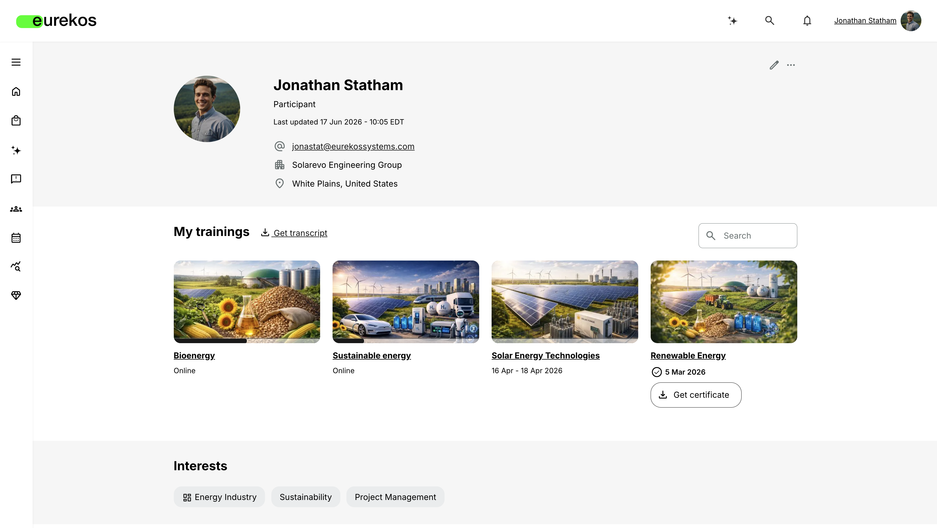 The Interests section on the user profile page, showing the Category tags associated with the user's enrolled activities