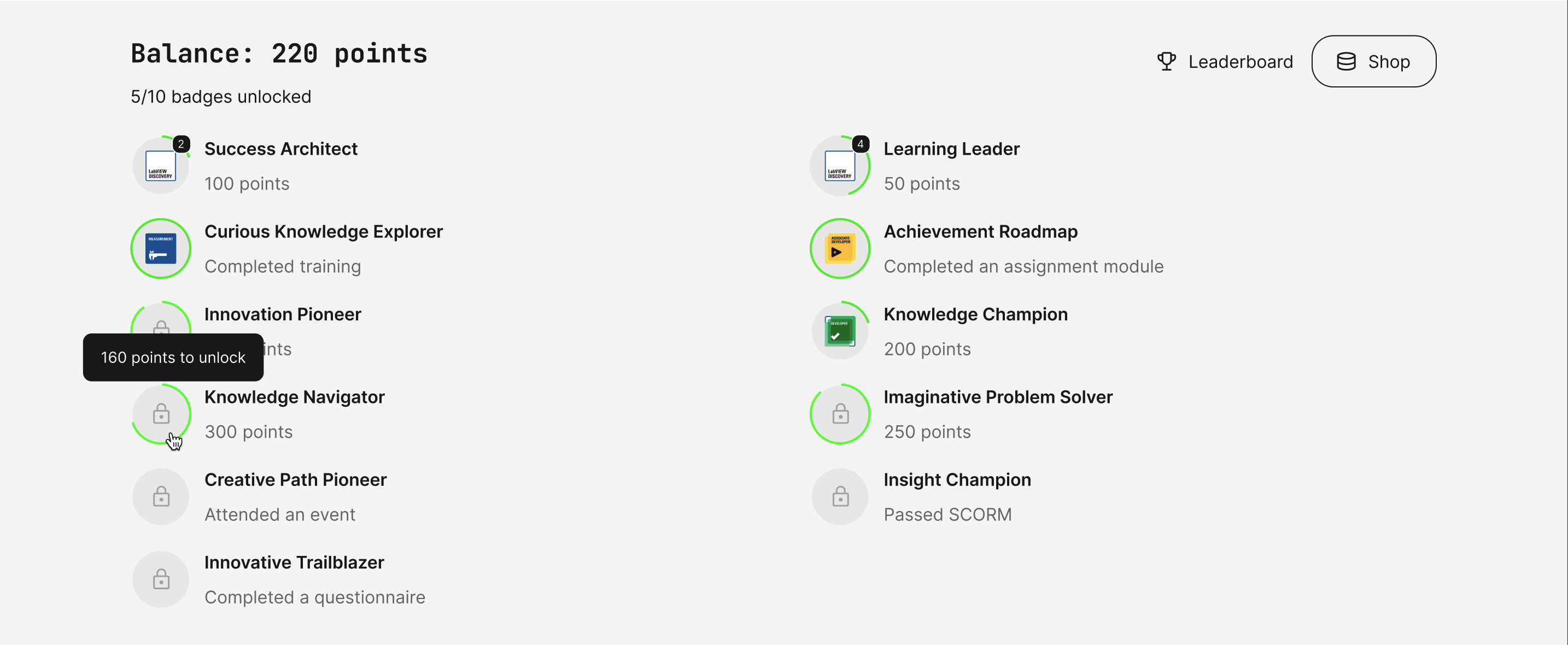 Earned and un-earned badges are displayed in the profile, allowing learners to see available achievements and progression paths