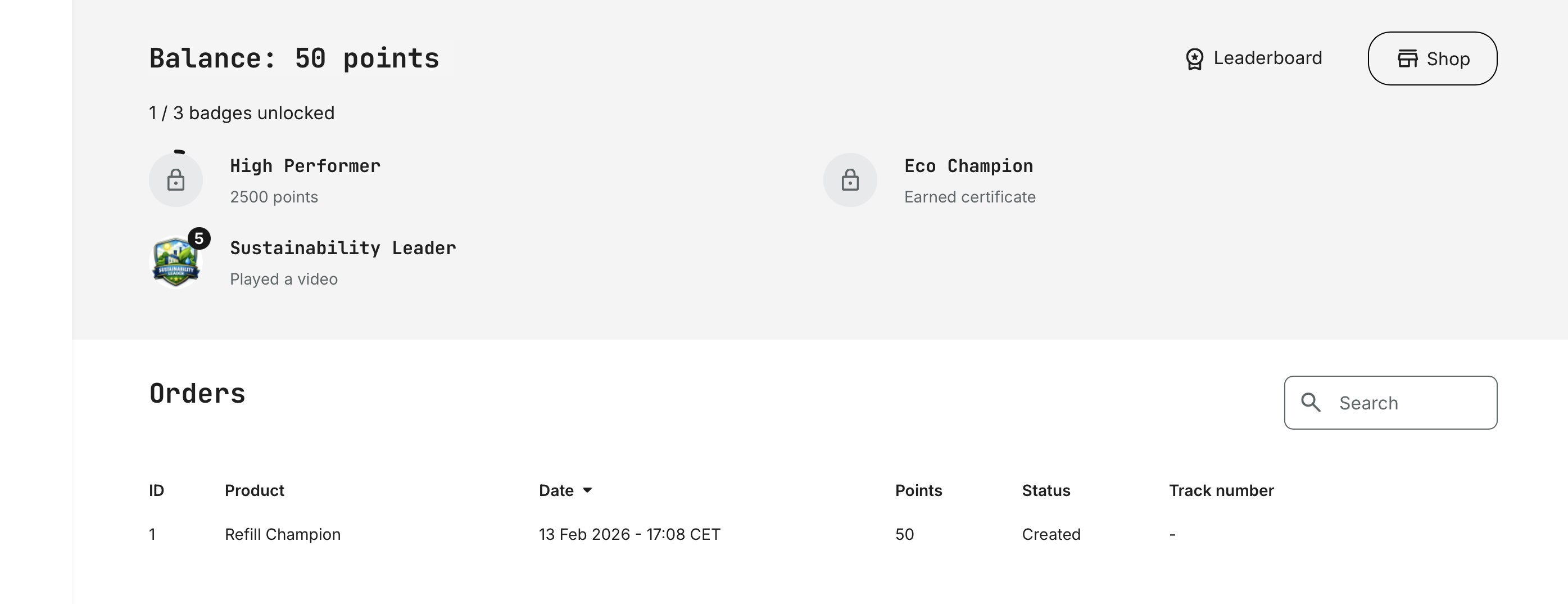 Point balance, earned badges, and redeemed orders are all visible directly on the user profile—providing a clear, consolidated overview of progress, recognition, and reward history.